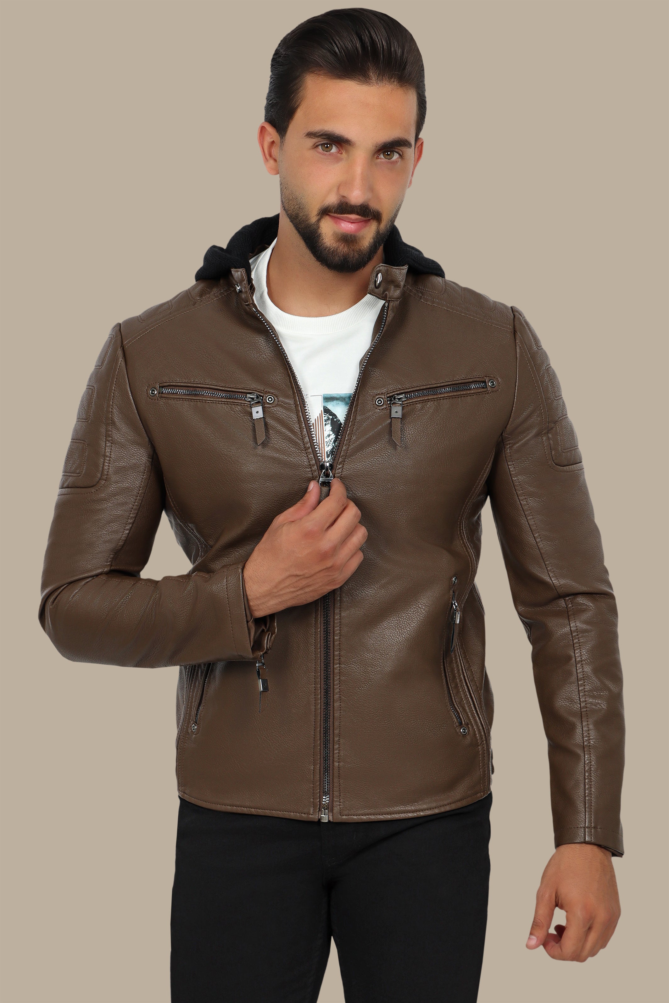 Faux Leather Rider Jacket with Detachable Hoodie in Camel