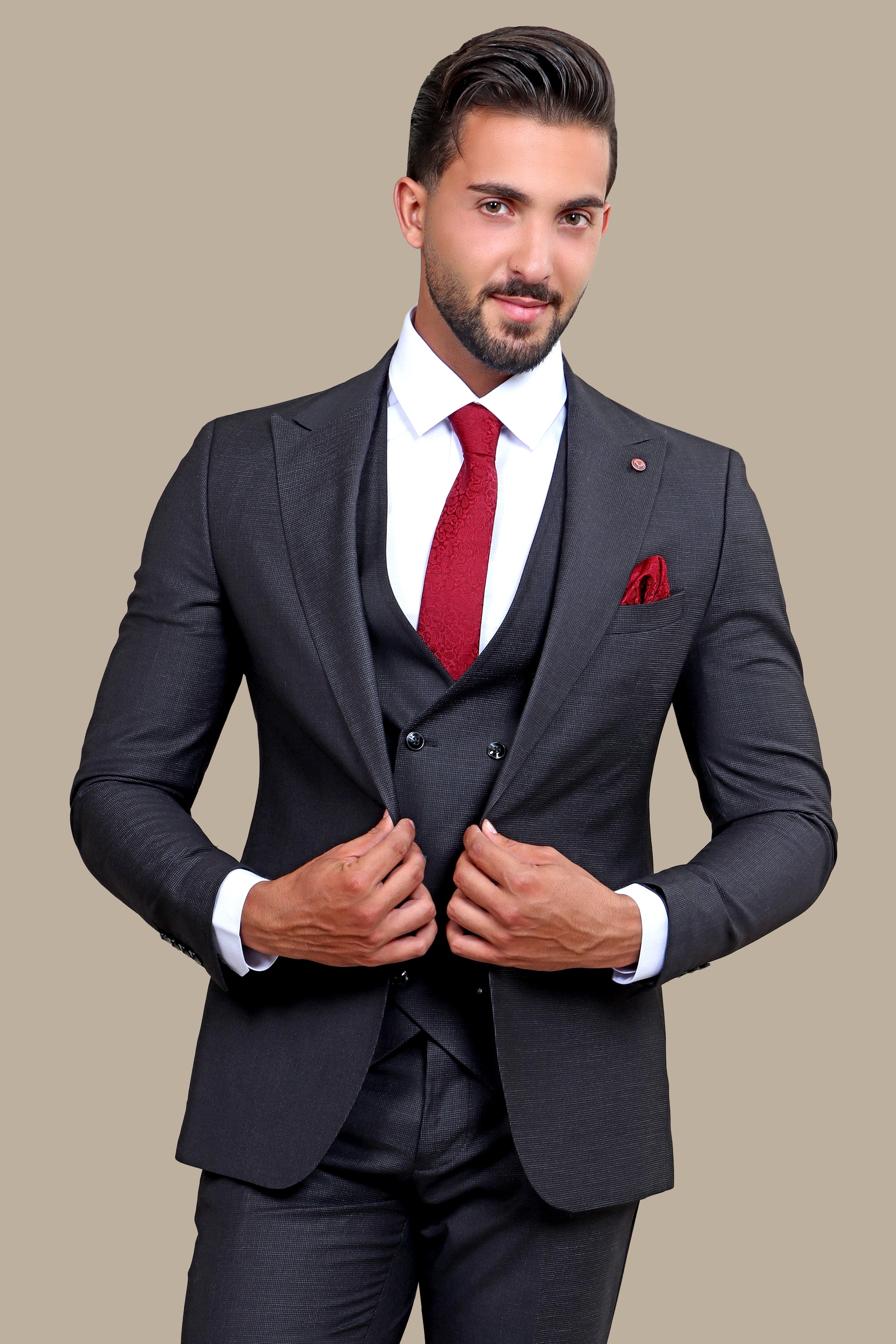 Dark Gray Checkered Excellence: The Peak Lapel 3-Piece Suit