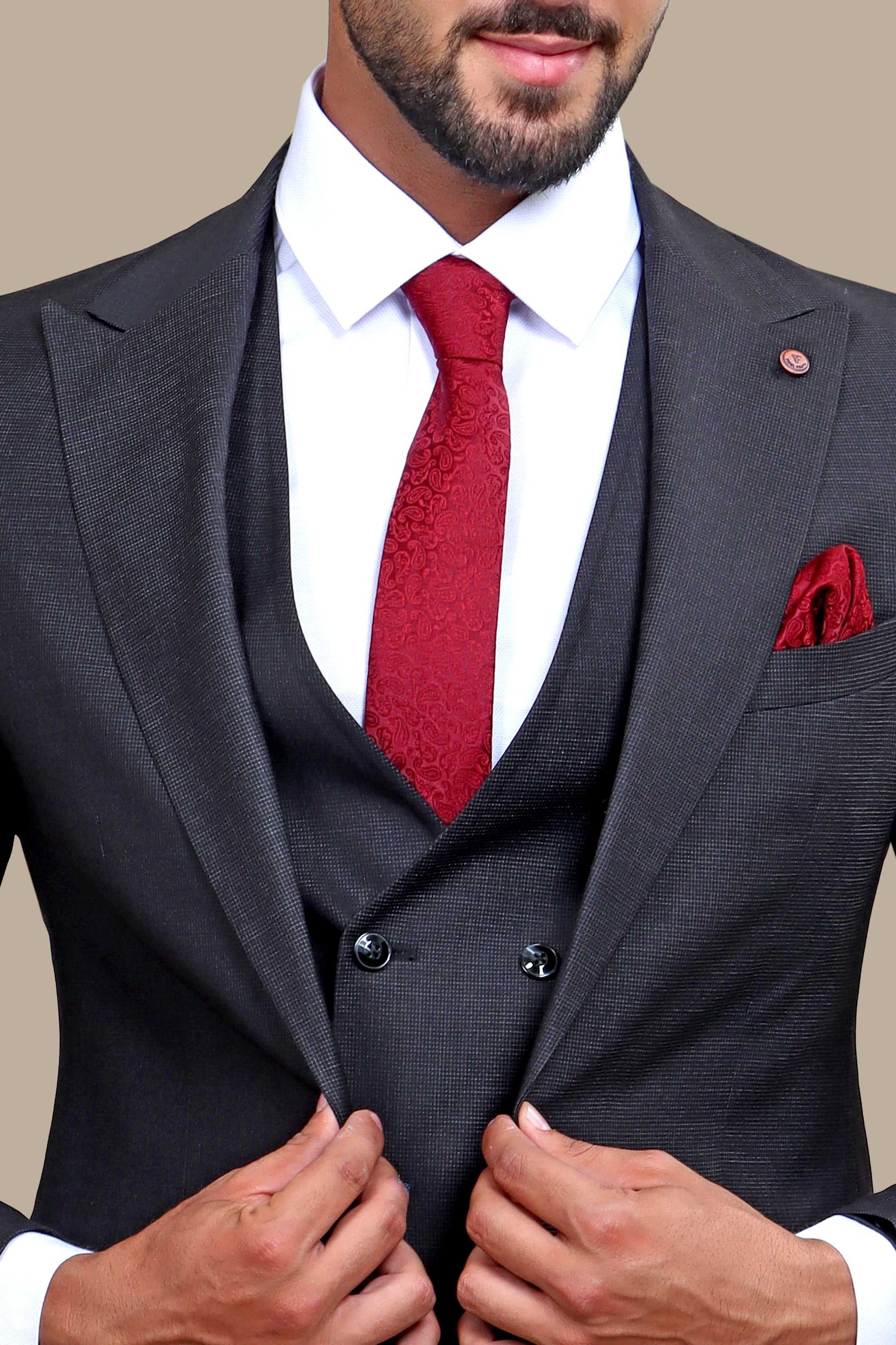 Dark Gray Checkered Excellence: The Peak Lapel 3-Piece Suit