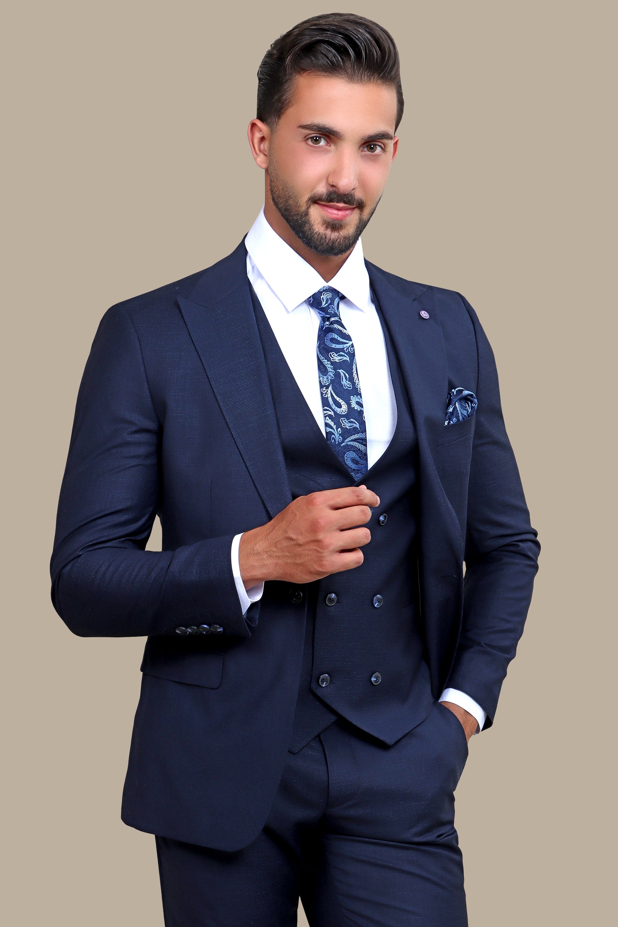 Navy Checkered Elegance: The Peak Lapel 3-Piece Suit