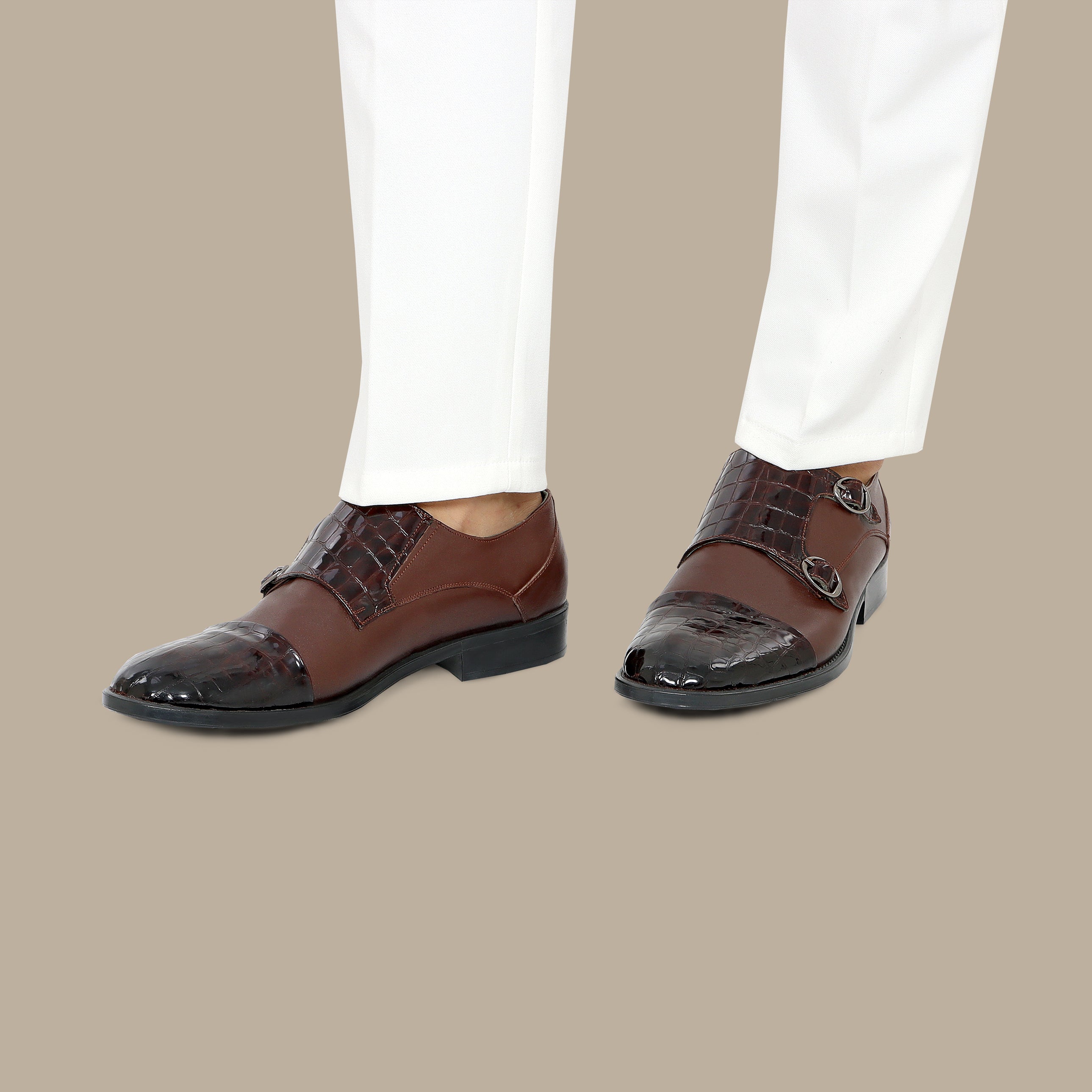 Brown Classic Crocco Shoes with 2 Buckles