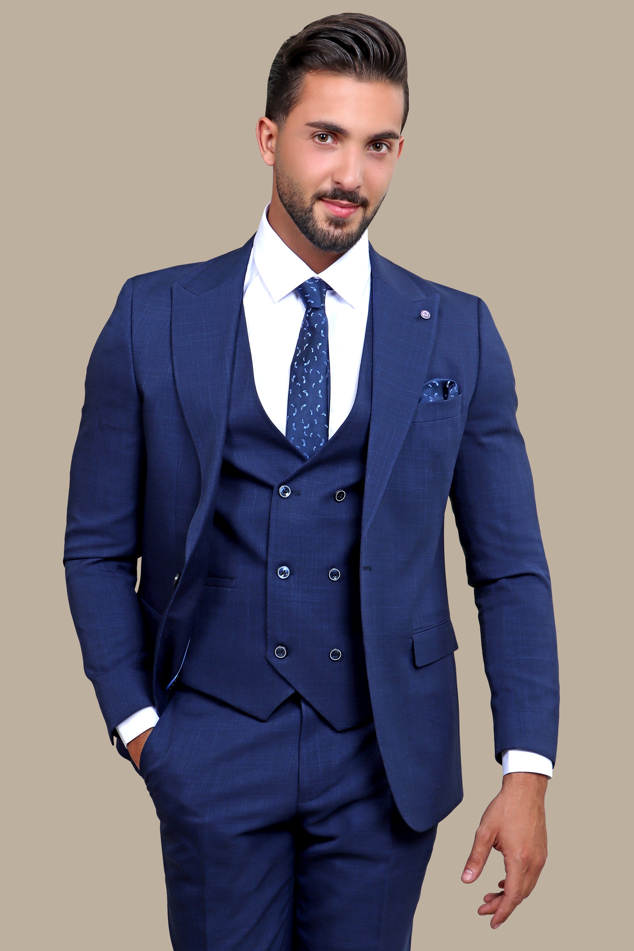 Navy Checked Excellence: The Peak Lapel 3-Piece Suit