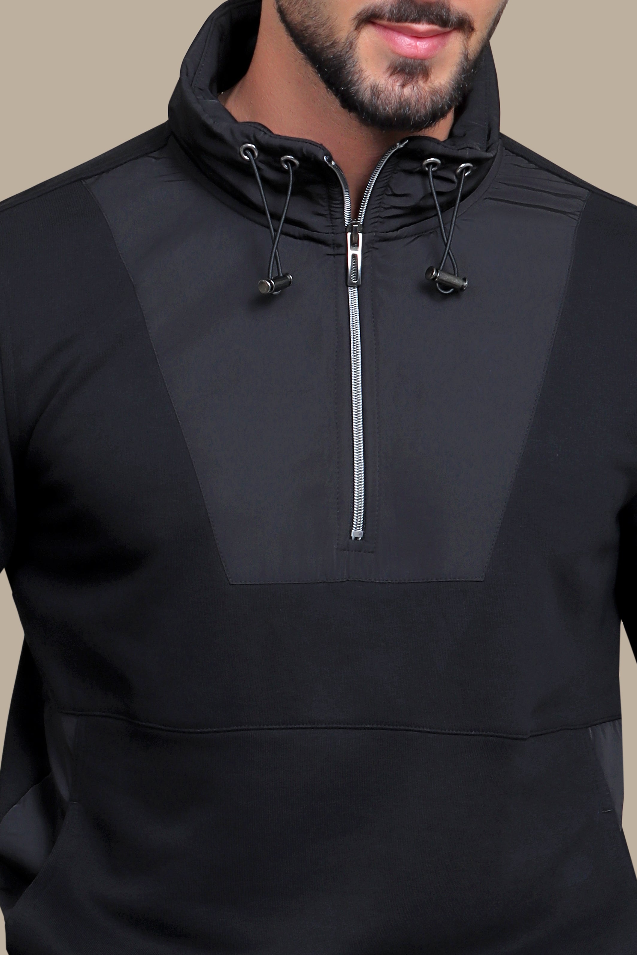 Urban Fusion: Black Half-Zip Sweatshirt with Mixed Fabric