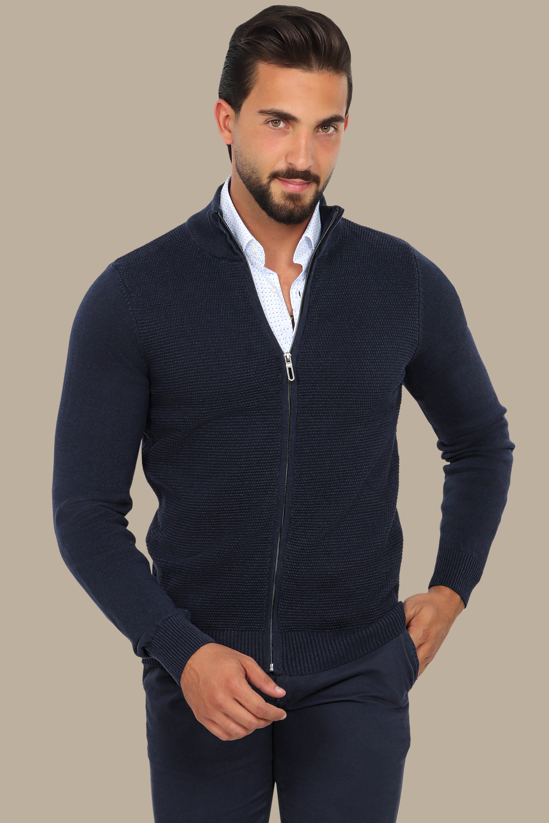 Navy Full-Zip Cardigan with Bee Print