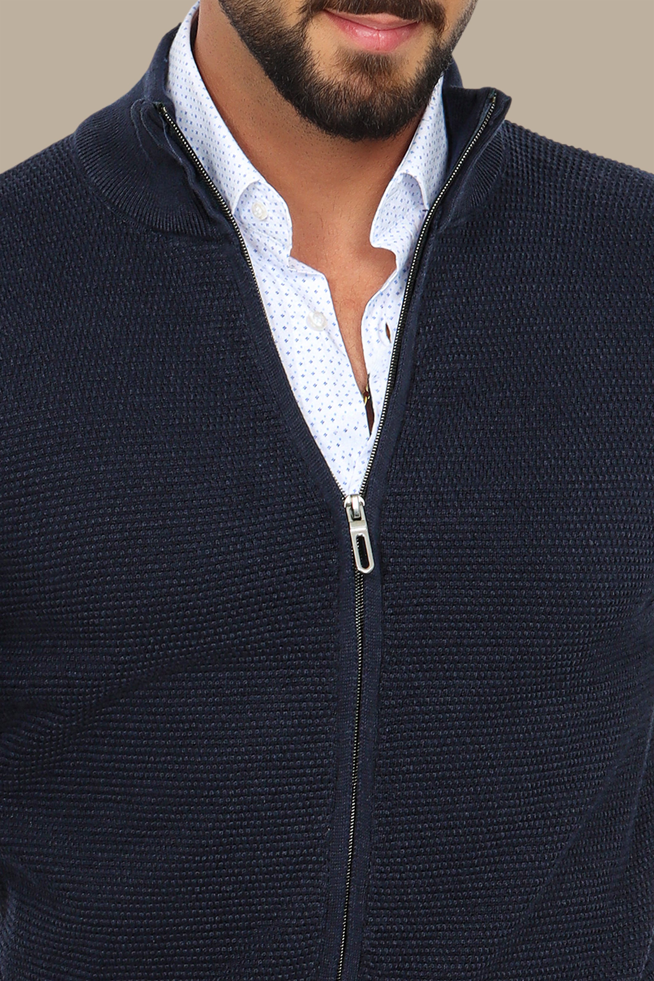 Navy Full-Zip Cardigan with Bee Print