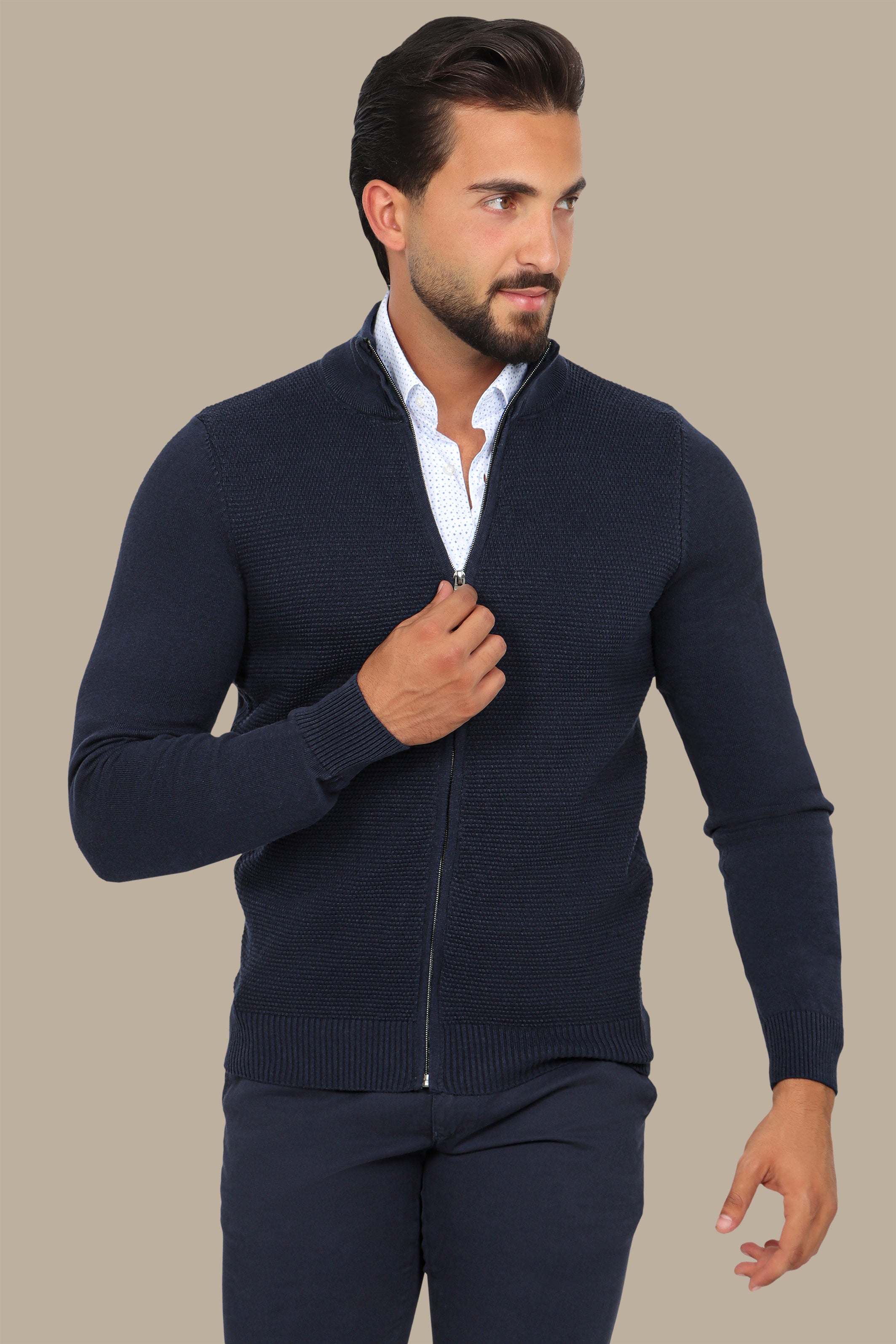 Navy Full-Zip Cardigan with Bee Print