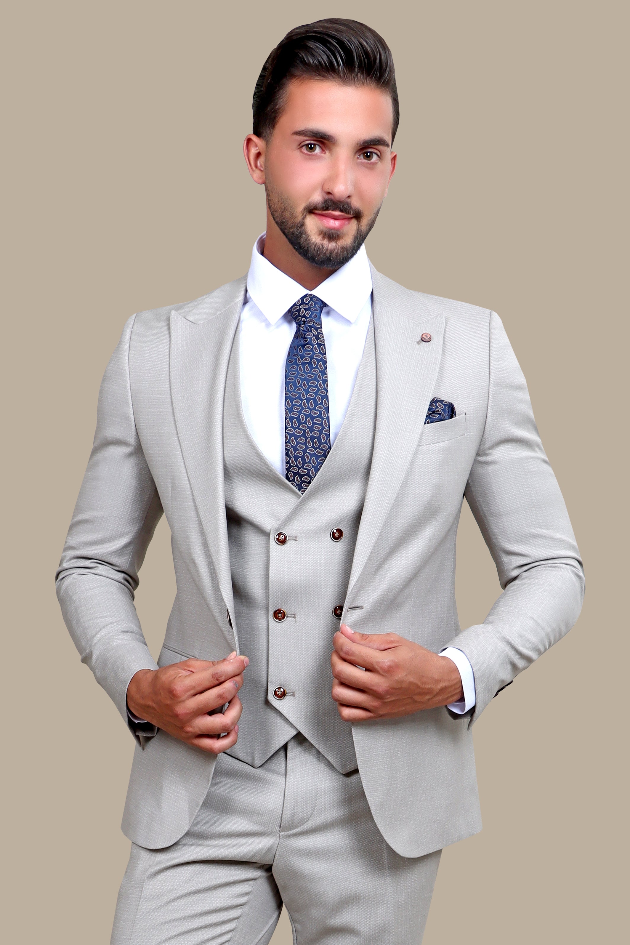 Timeless Charm: 3-Piece Beige Suit with Dots