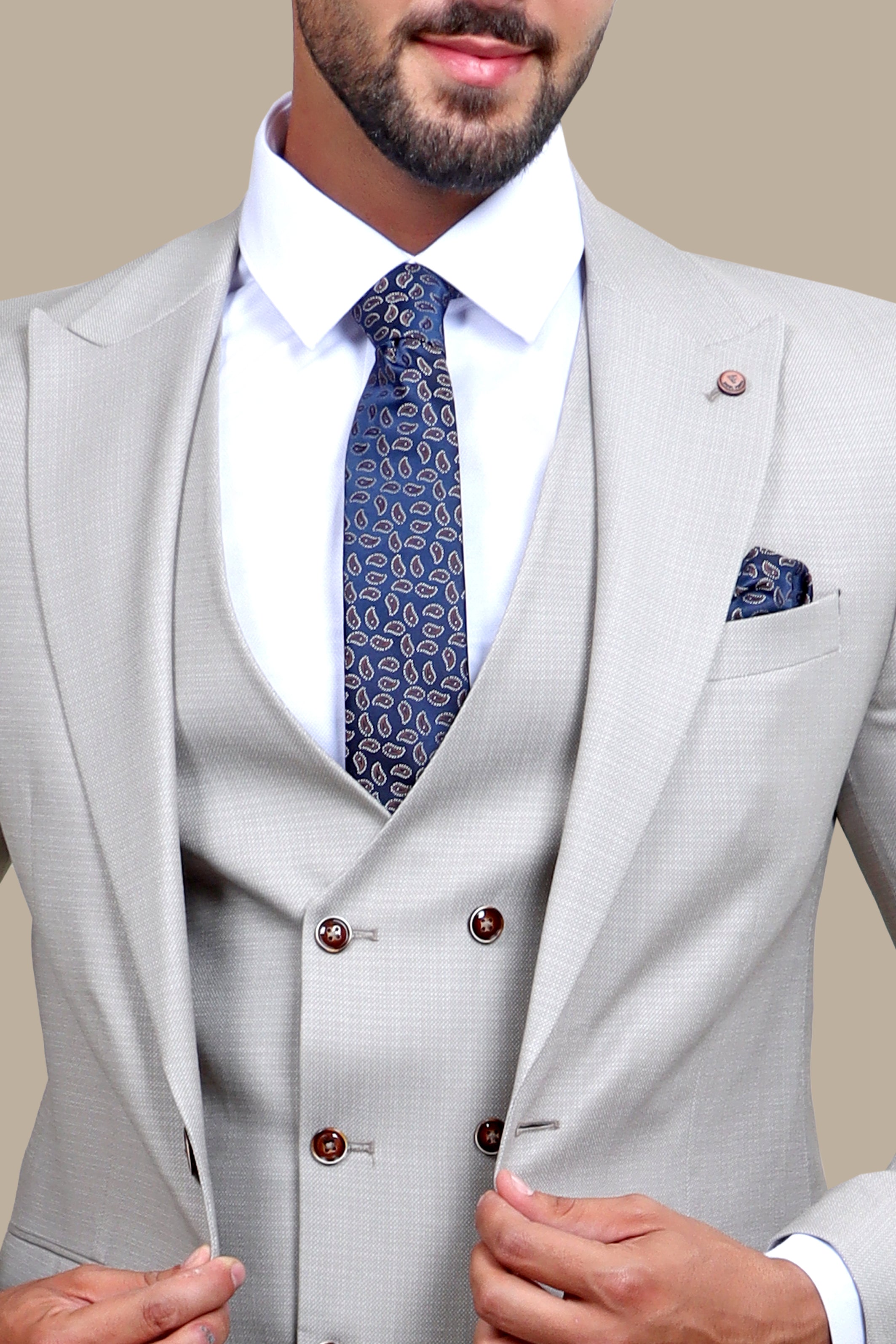 Timeless Charm: 3-Piece Beige Suit with Dots