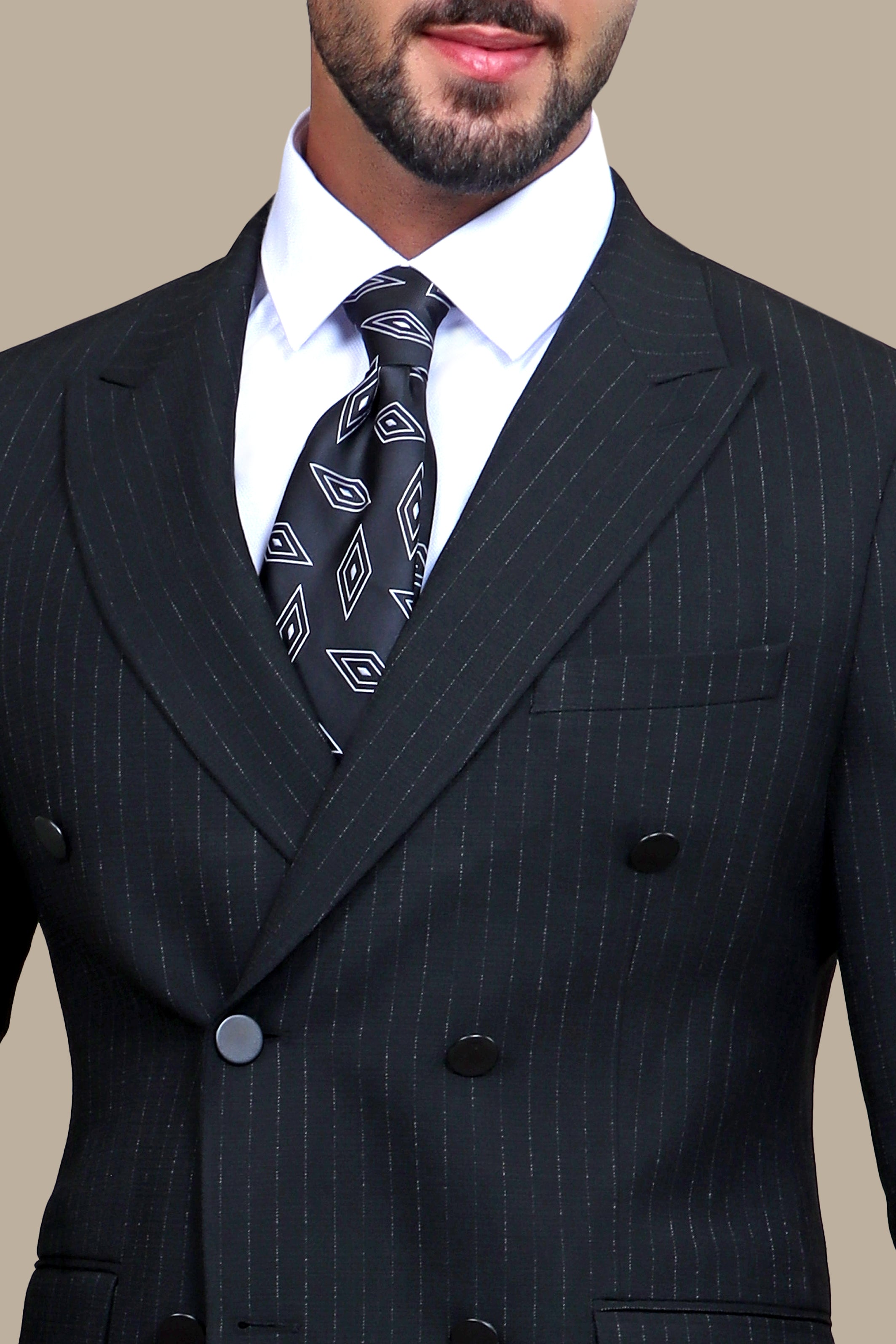 Classic Elegance: Black Double-Breasted Suit with Timeless Stripes