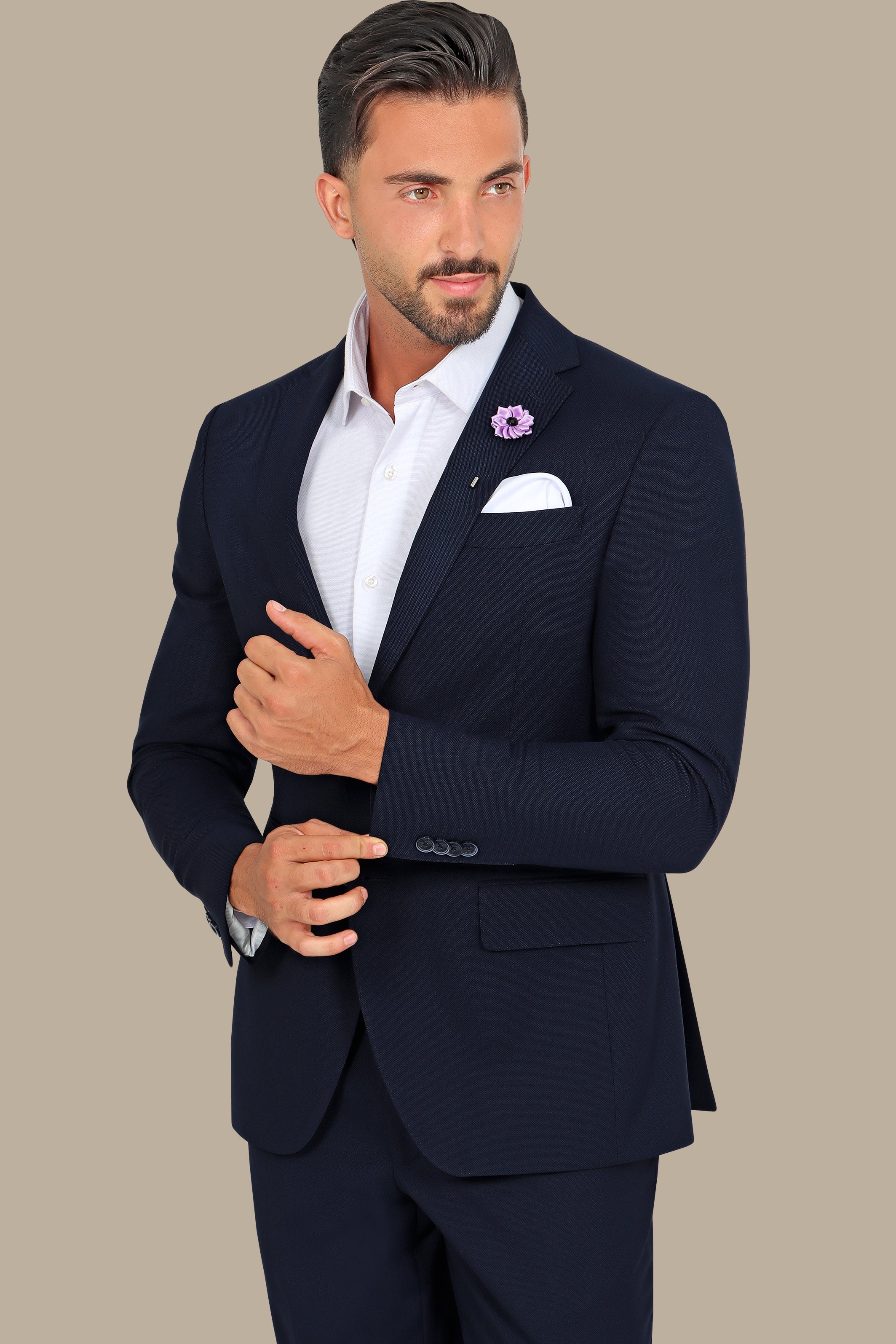 Navy Piqué Notch Lapel Suit - Classic Elegance