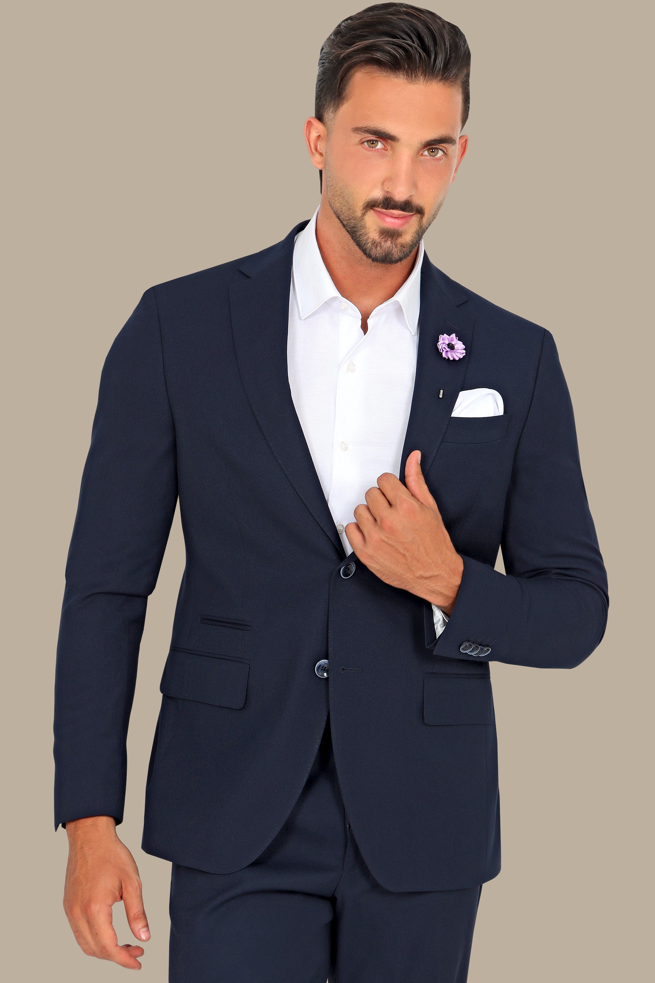 Navy Piqué Notch Lapel Suit - Classic Elegance