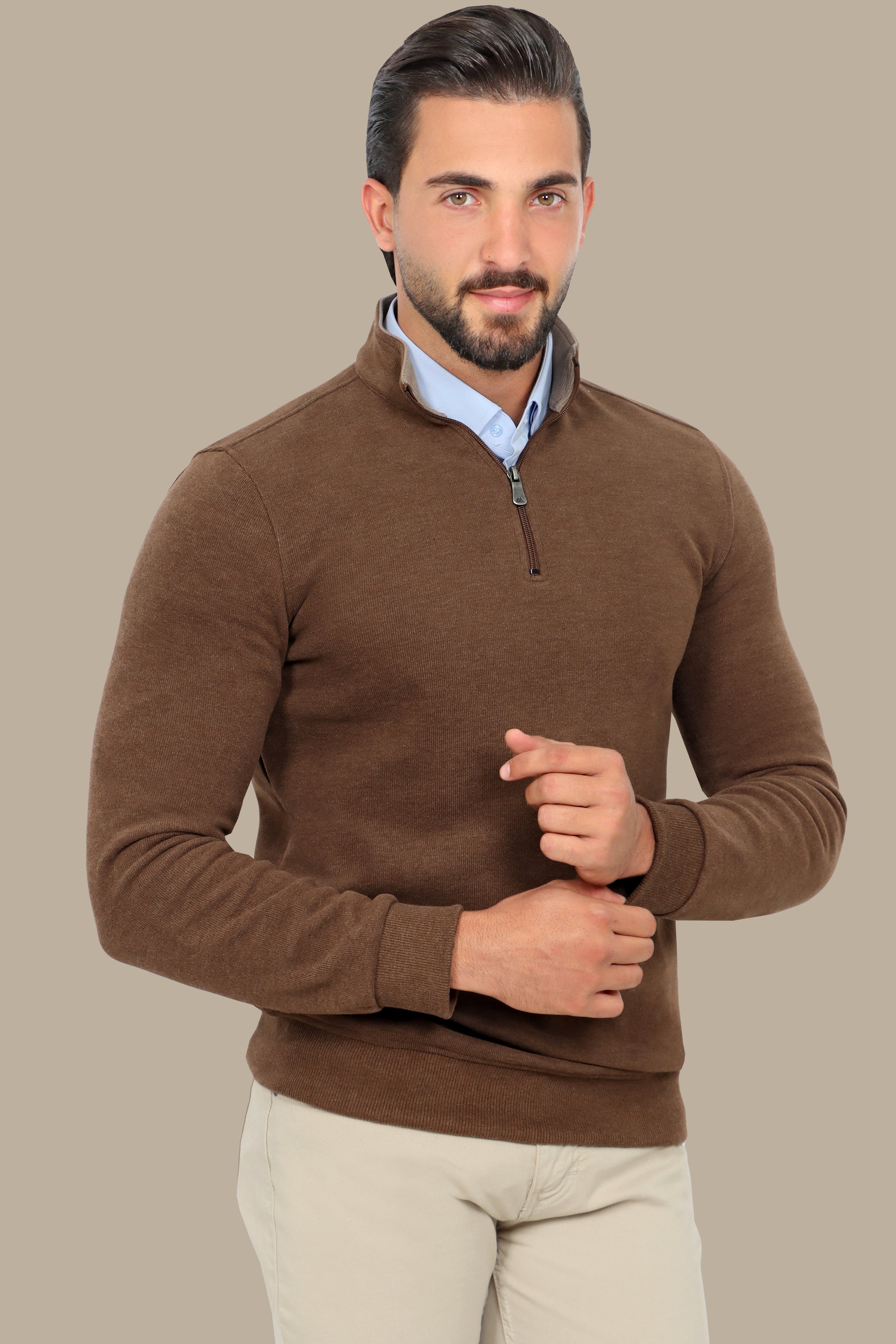 Luxurious Comfort: Light Brown Velvet Half-Zipper Sweater