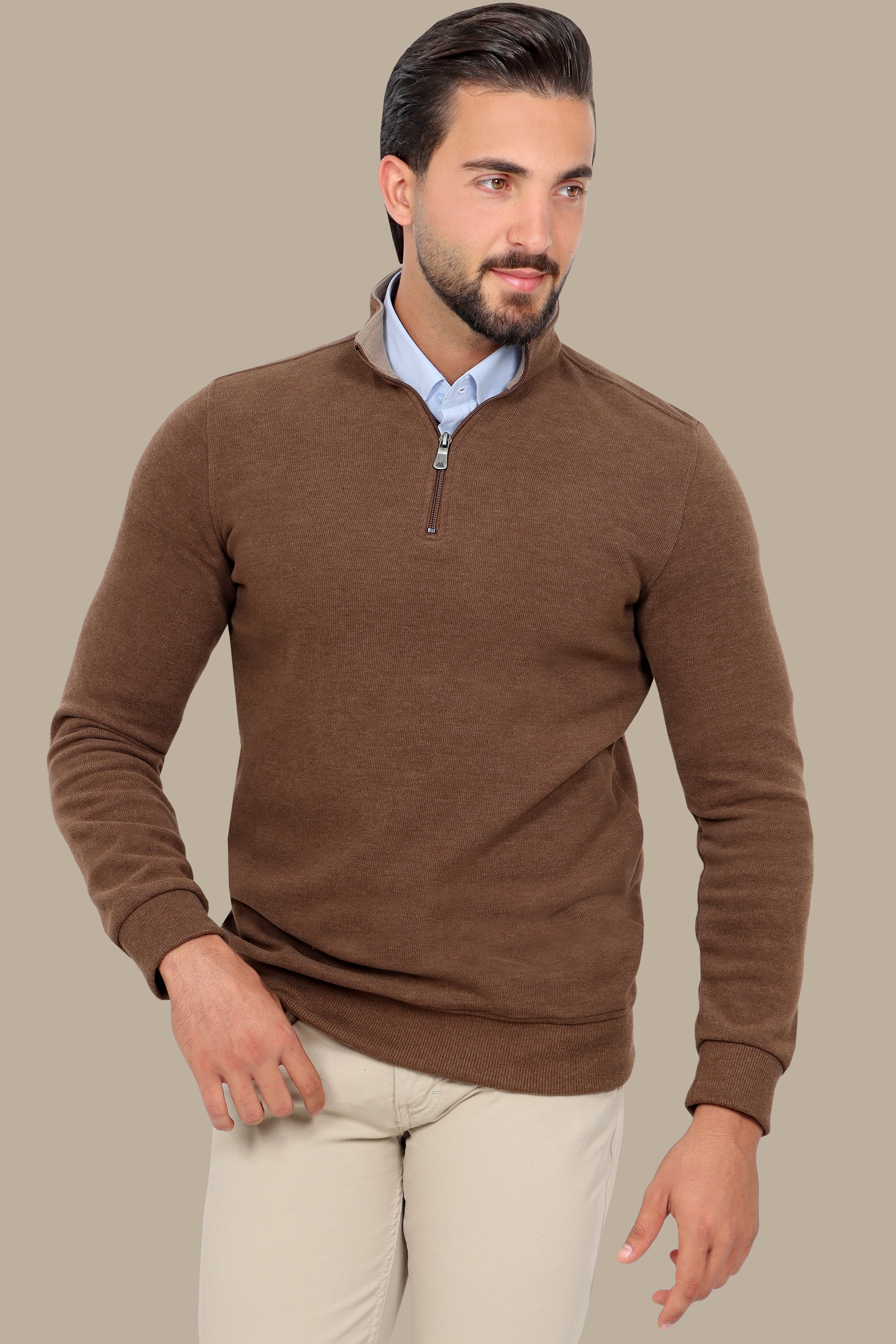 Luxurious Comfort: Light Brown Velvet Half-Zipper Sweater