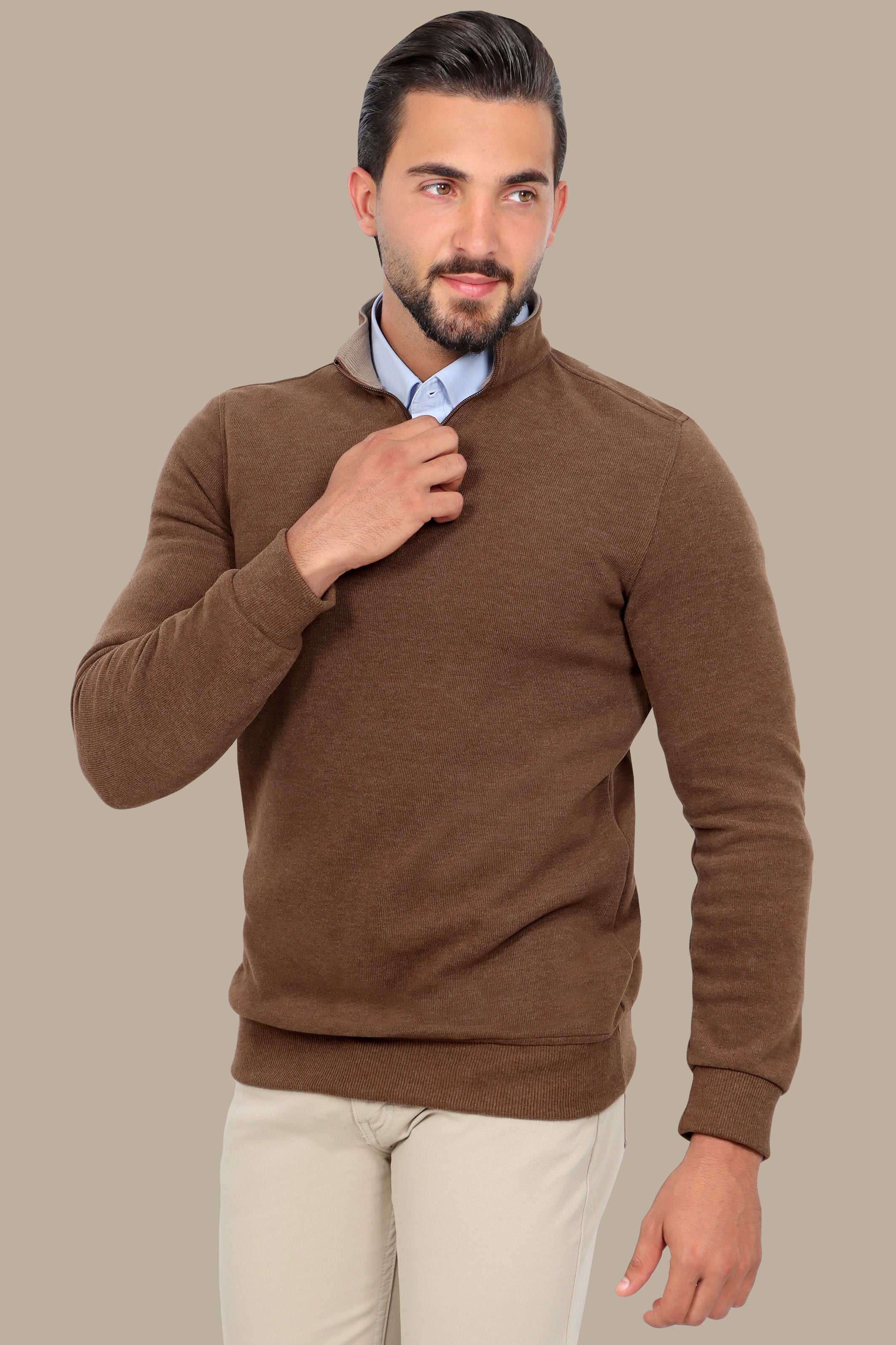 Luxurious Comfort: Light Brown Velvet Half-Zipper Sweater