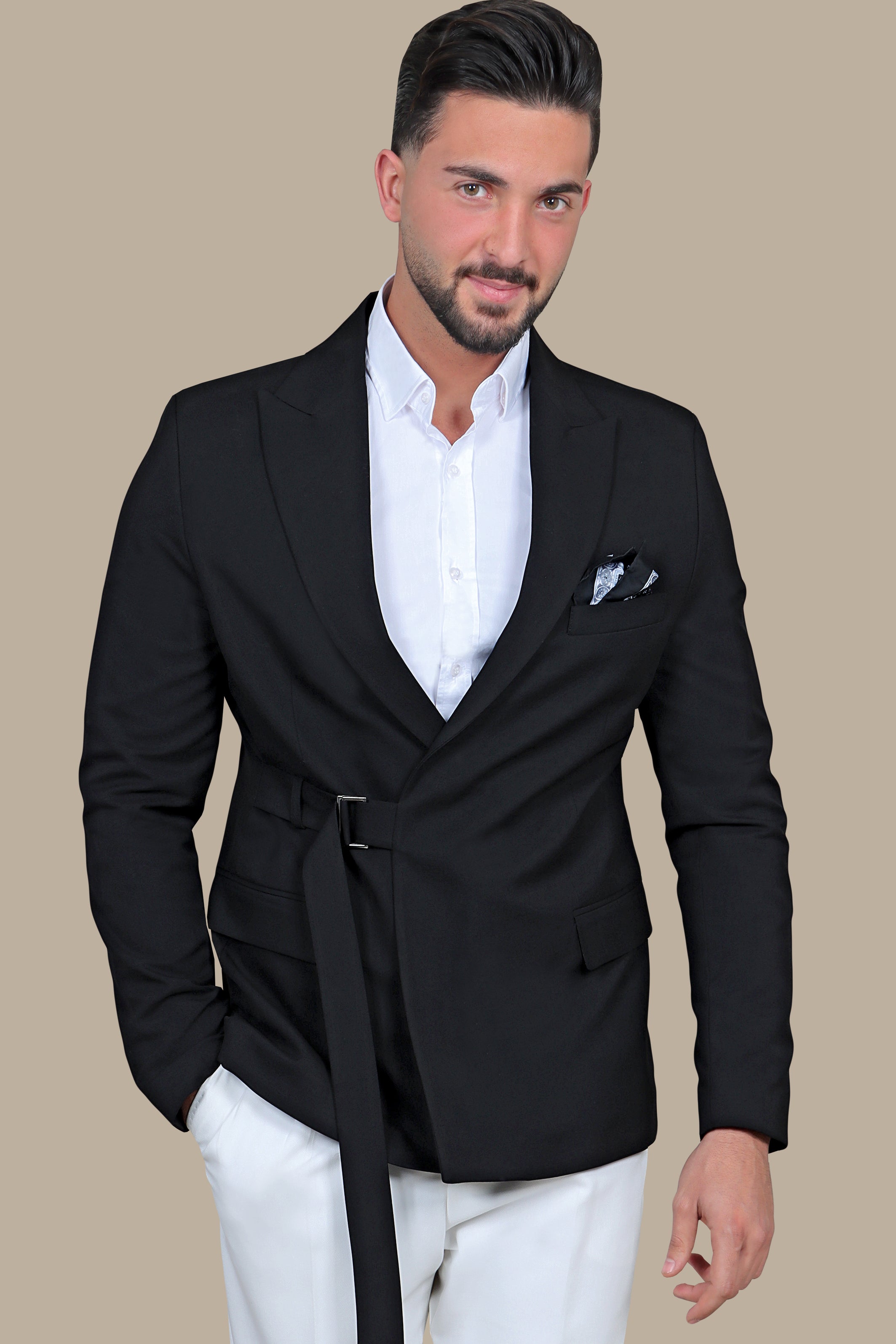 Urban Edge: Black Blazer with Side Belt Detail