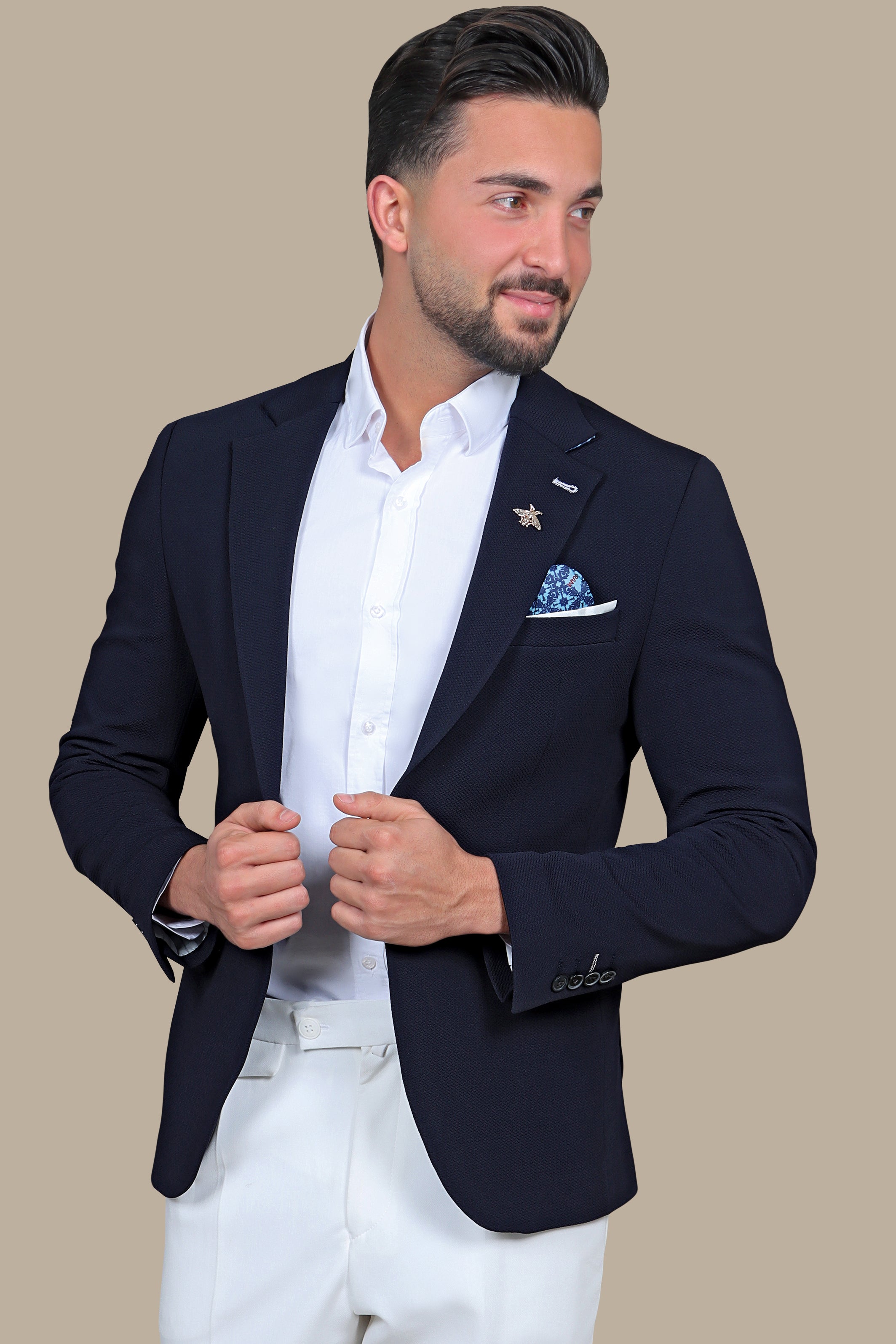 Nautical Elegance: Navy Blazer with Structured Notch Lapel