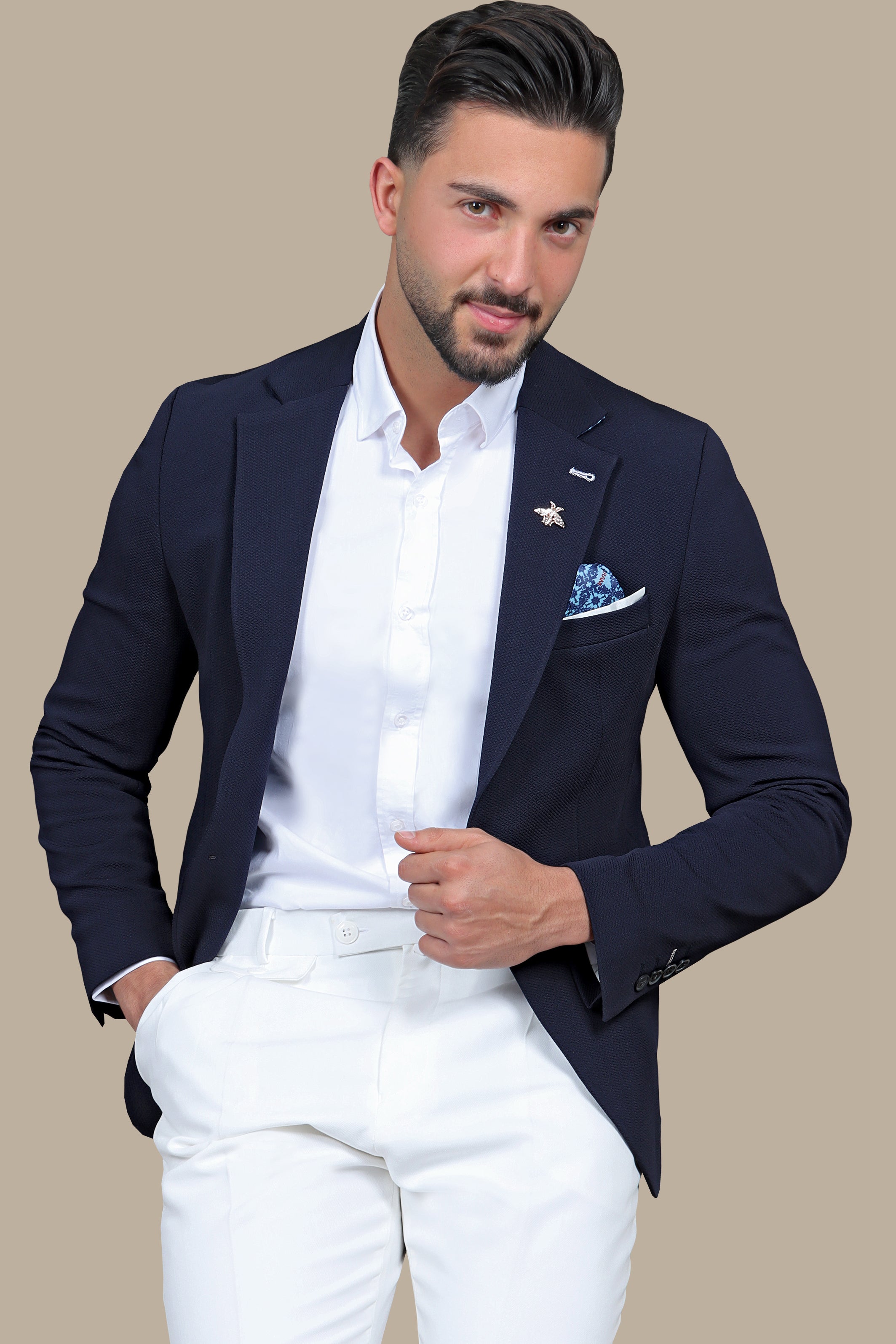 Nautical Elegance: Navy Blazer with Structured Notch Lapel