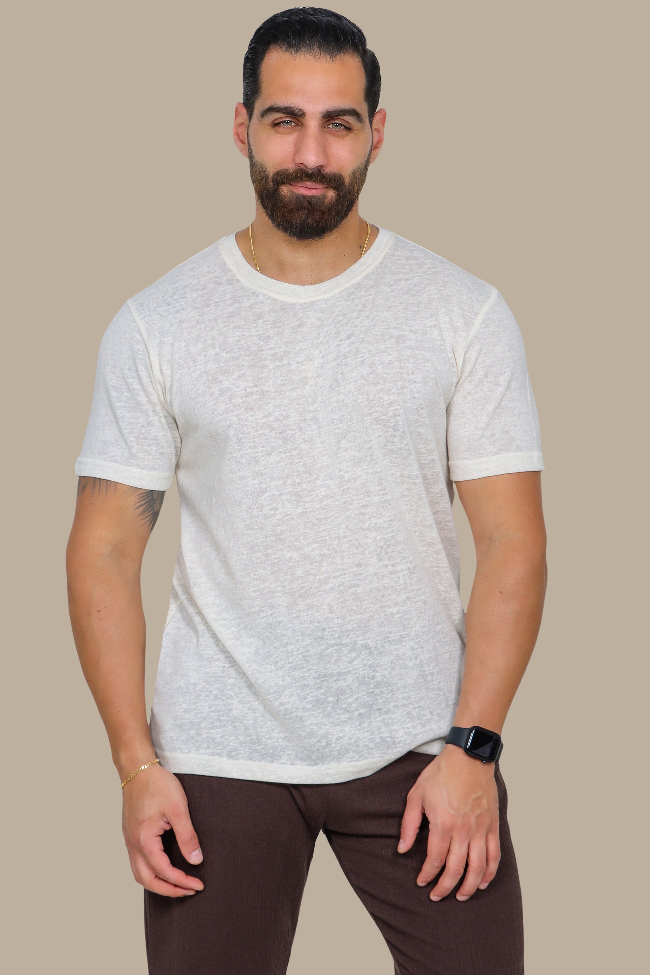 Off-White Linen T-Shirt with Round Neck