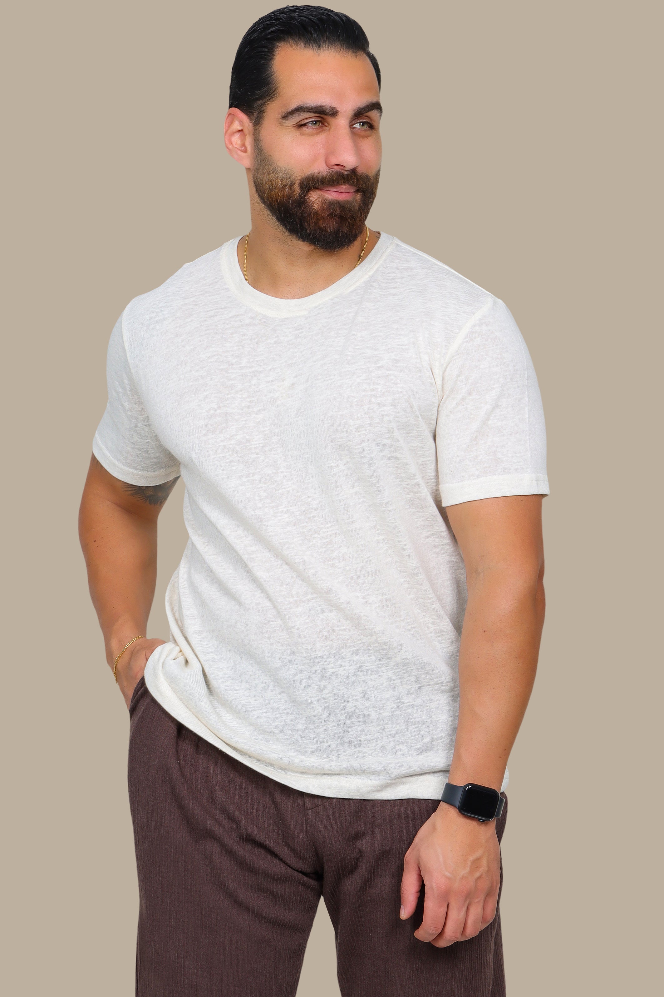 Off-White Linen T-Shirt with Round Neck