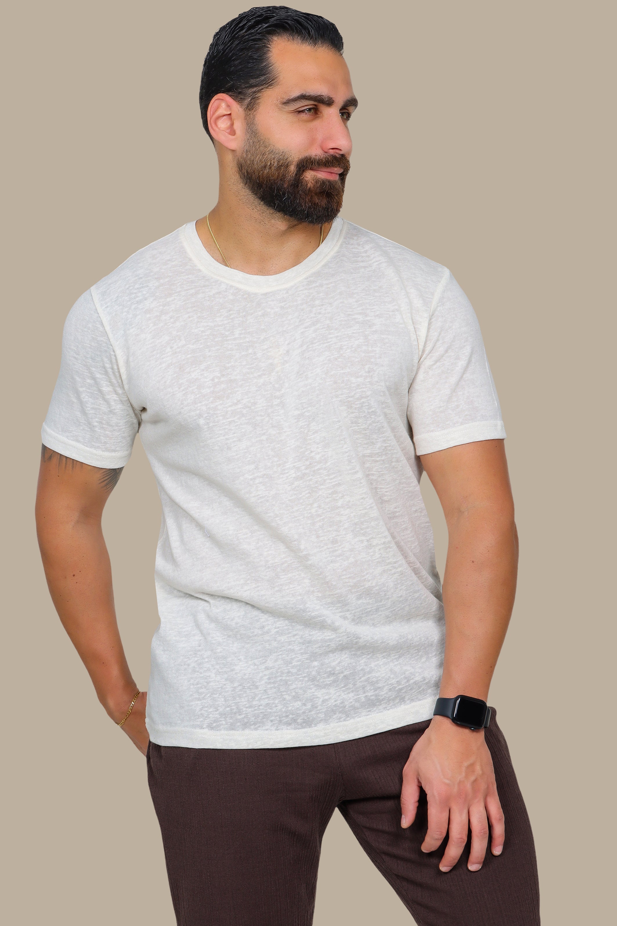 Off-White Linen T-Shirt with Round Neck