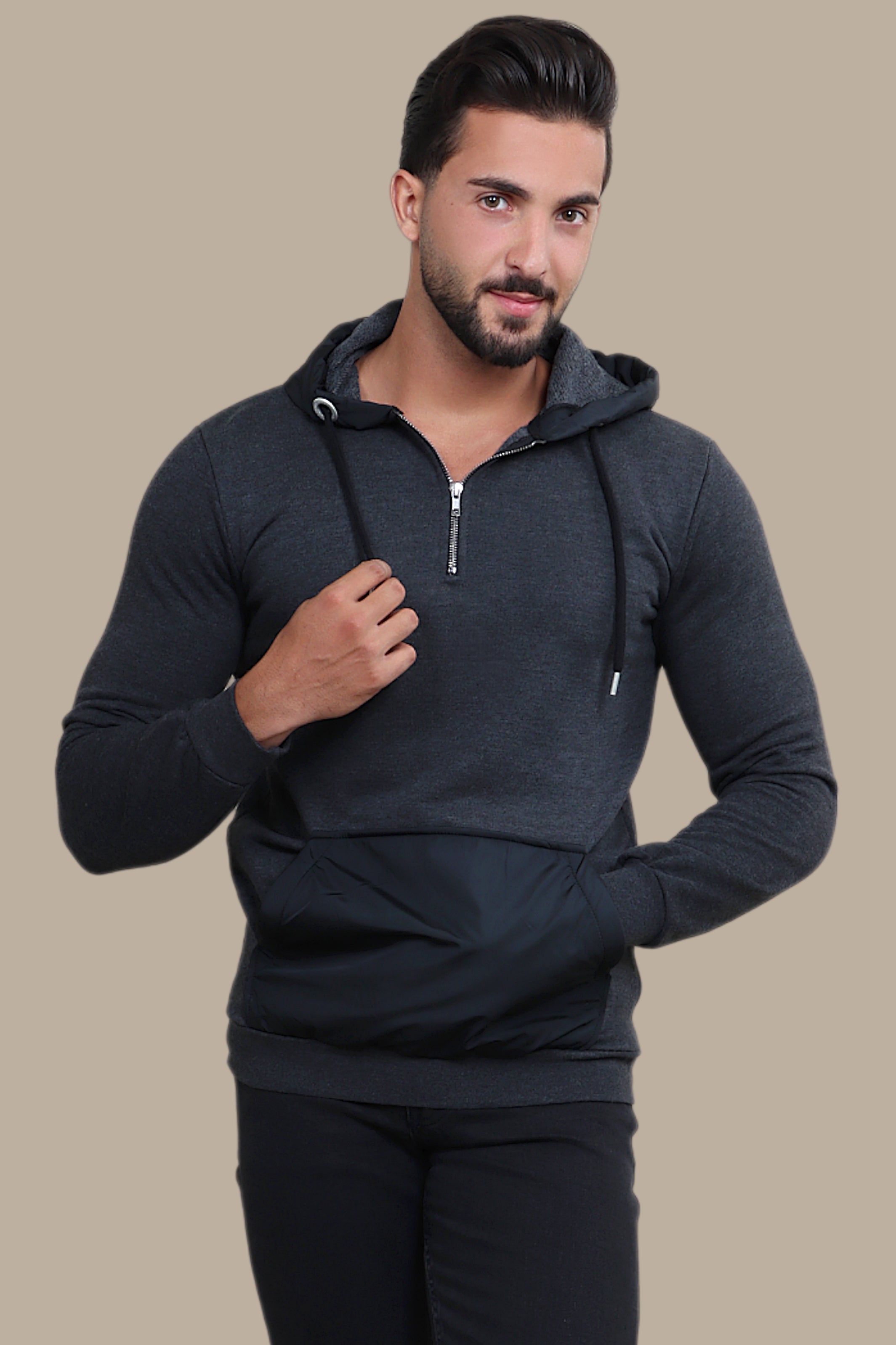 Sensual Shadows: The Dark Gray Hooded Sensation in Luxe Mix Fabric