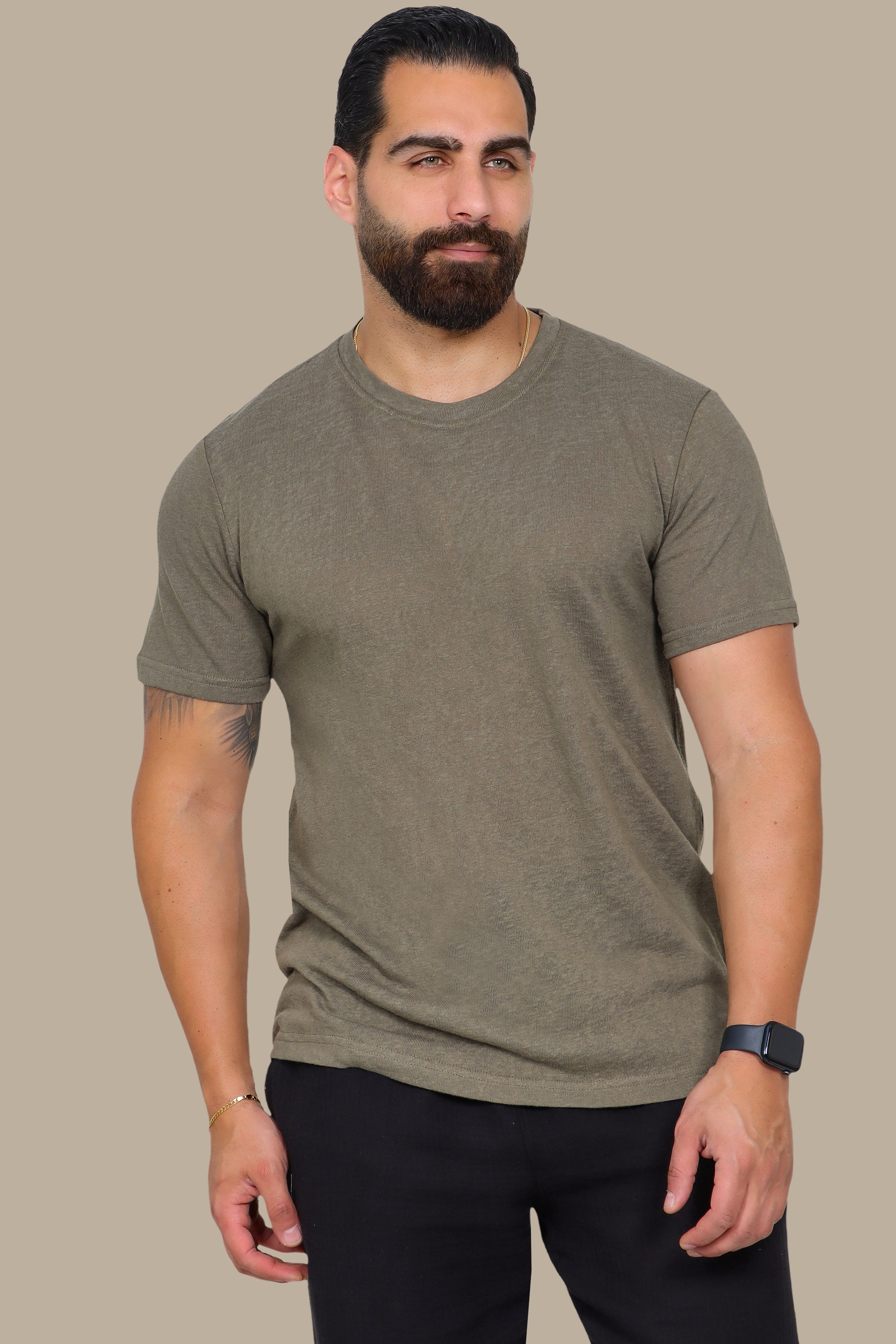 Khaki Linen T-Shirt with Round Neck