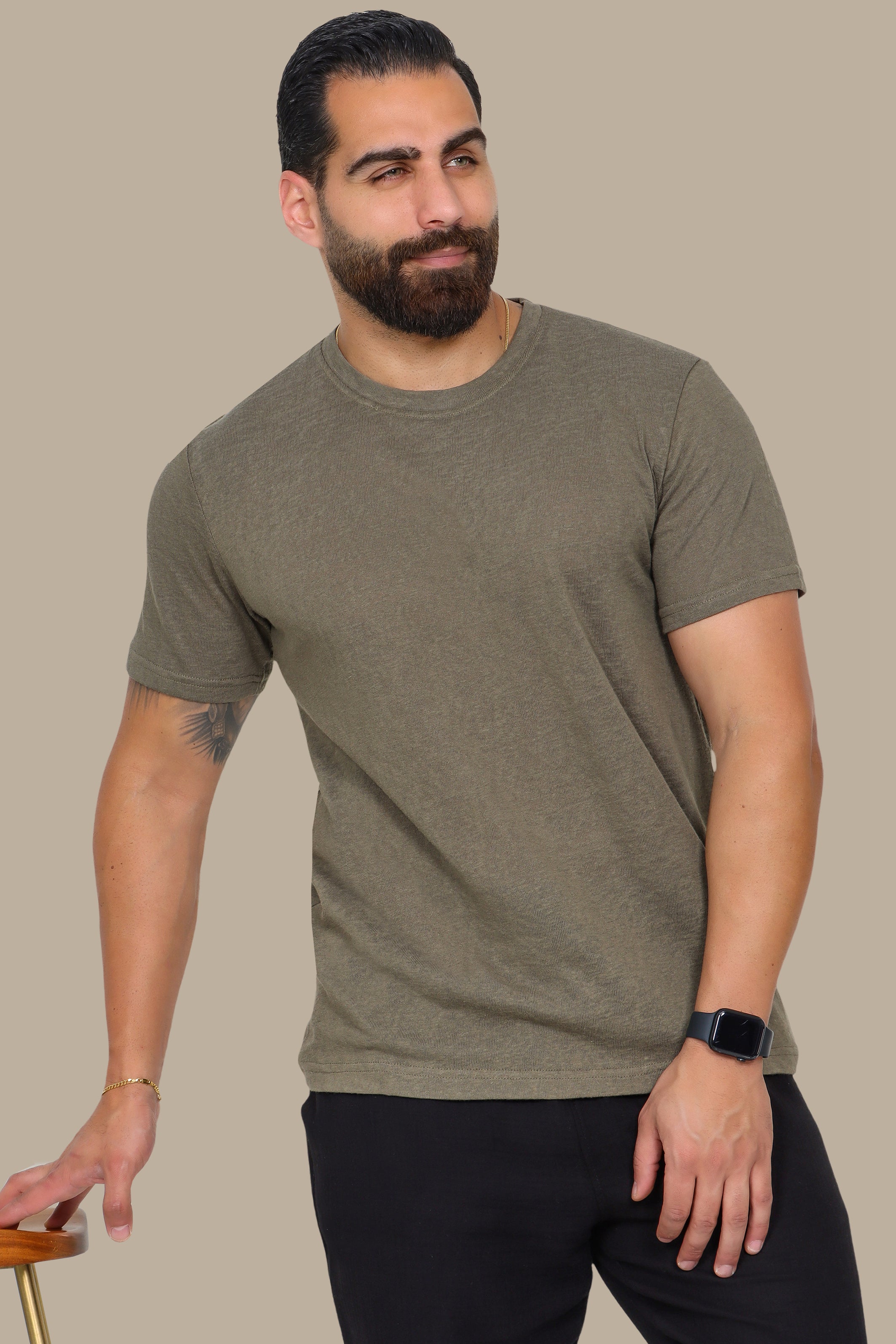 Khaki Linen T-Shirt with Round Neck