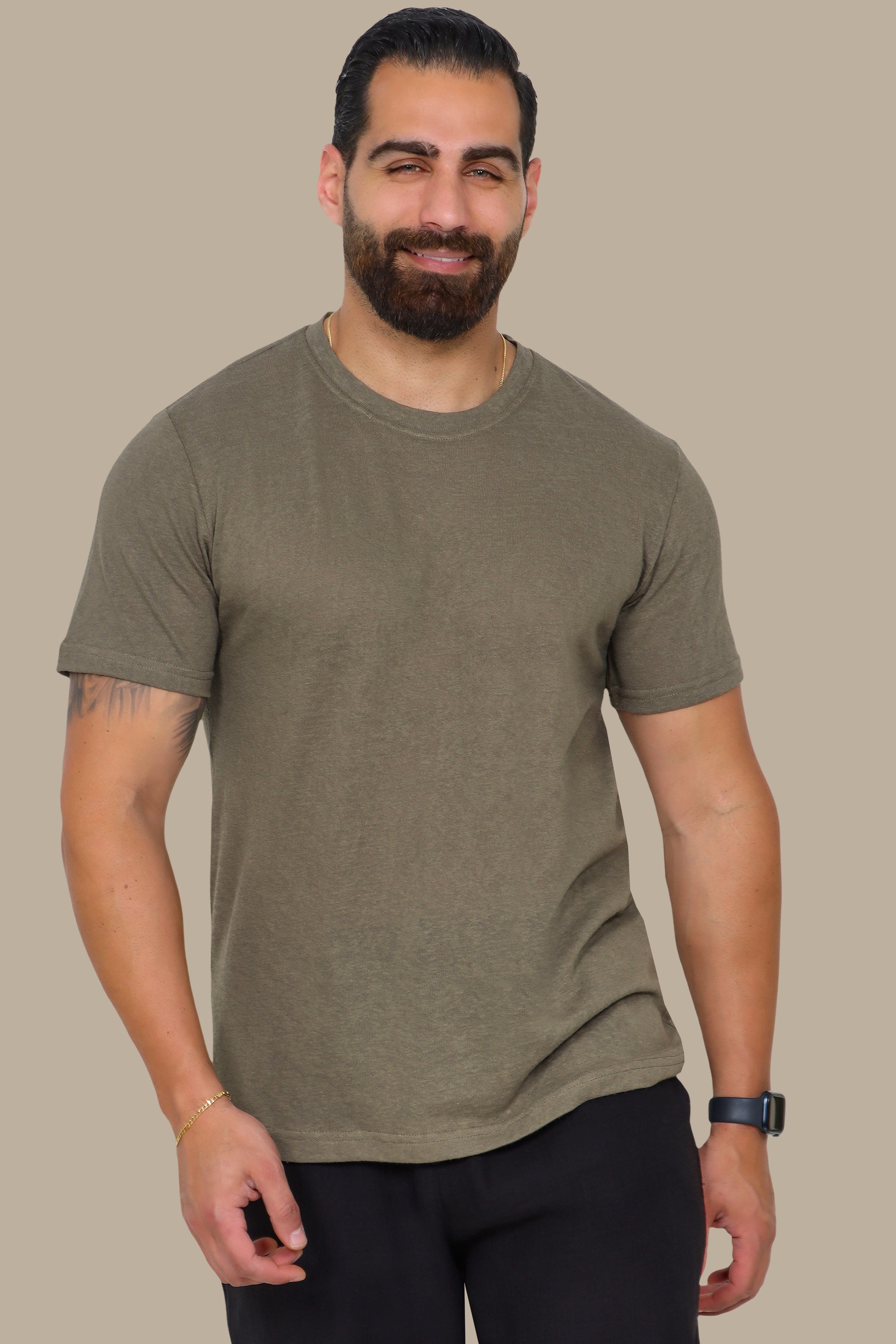 Khaki Linen T-Shirt with Round Neck