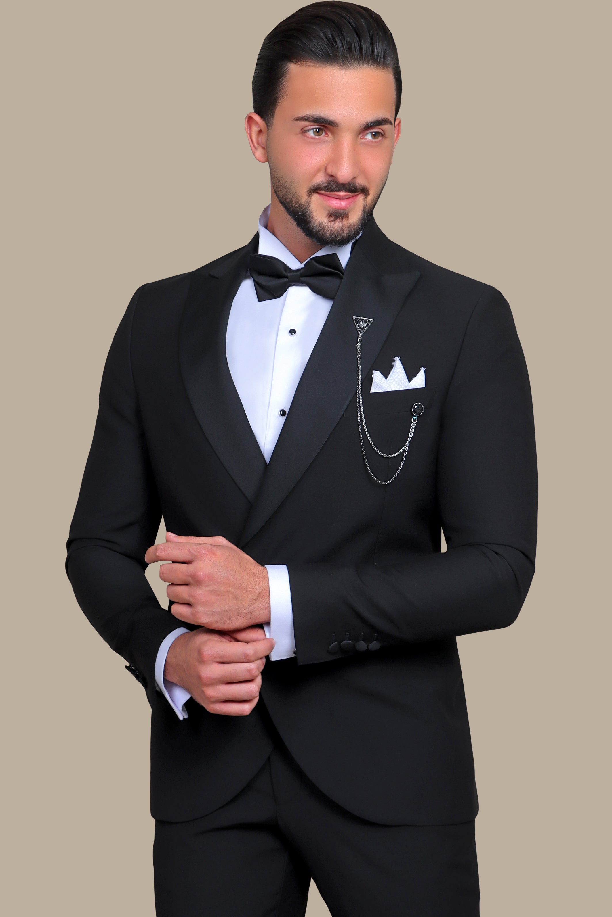 Black Double-Breasted Tuxedo with Peak Lapel - Two Button Classic