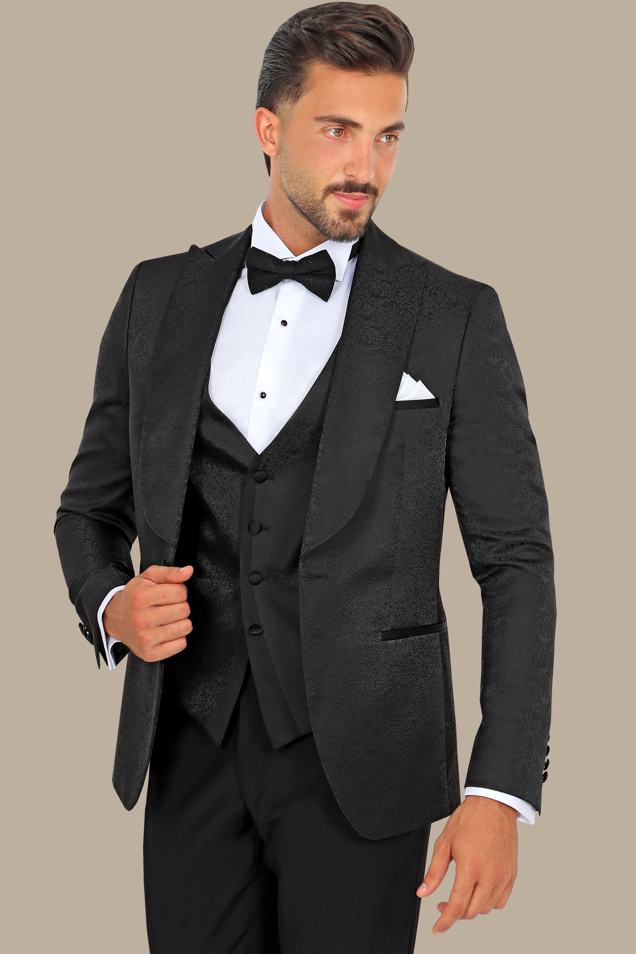 Floral Noir: FV Special Collection Tuxedo Suit in Black