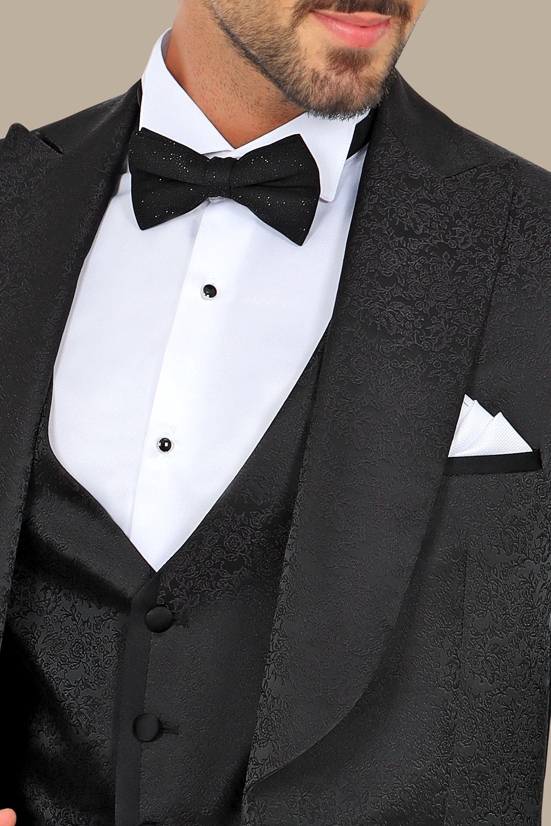 Floral Noir: FV Special Collection Tuxedo Suit in Black