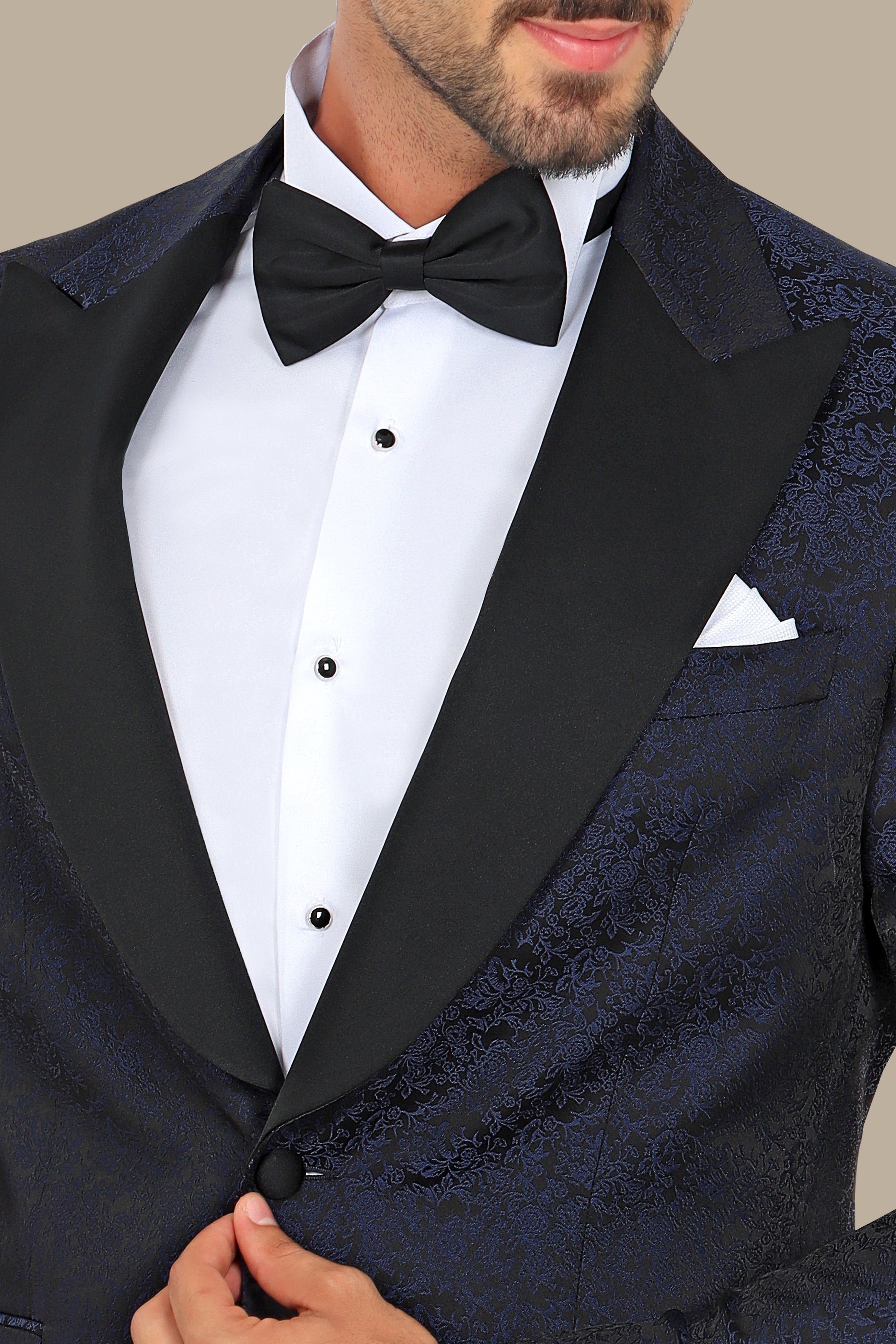 Regal Reverie: Navy Jacquard Flower Print Tuxedo