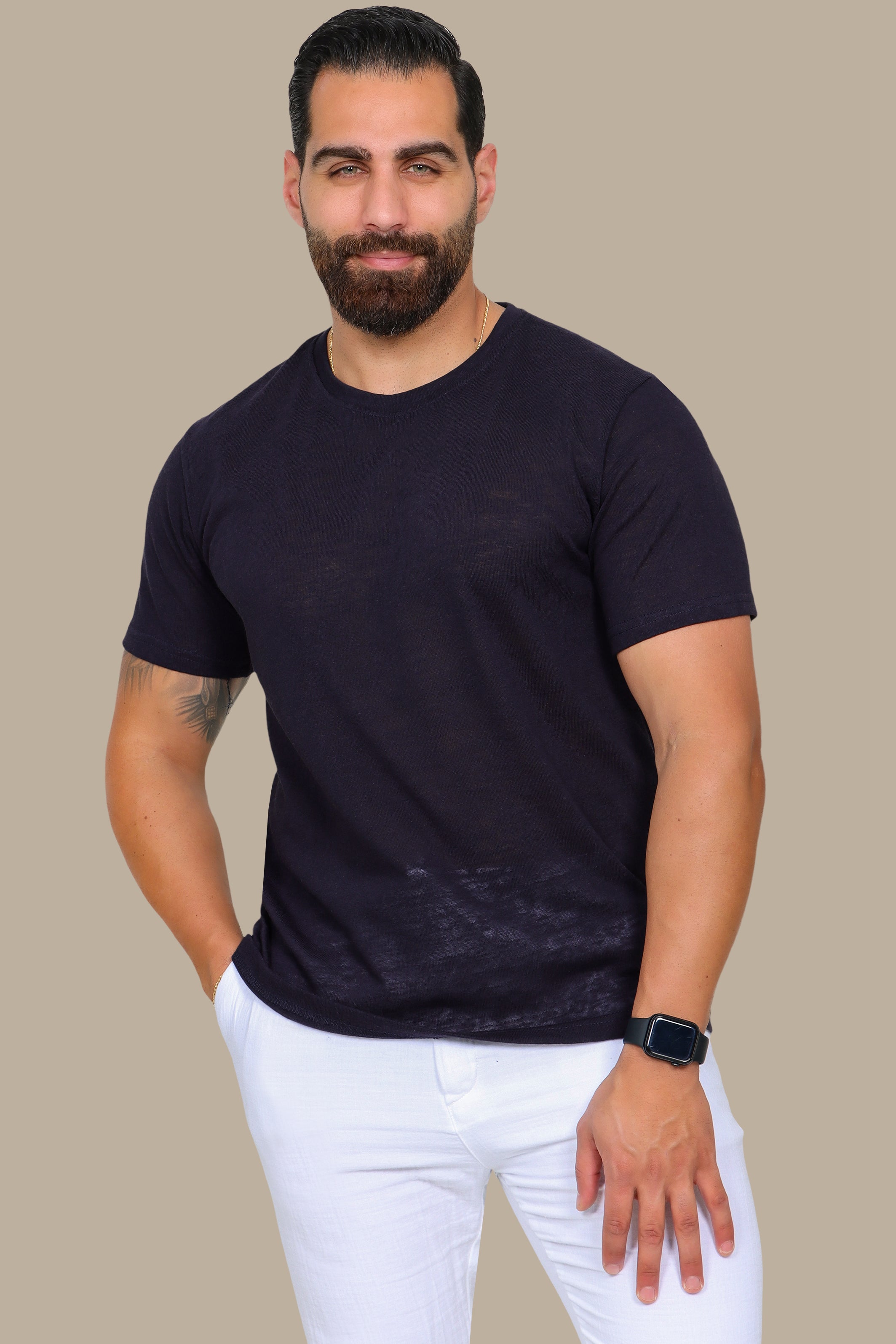 Navy Linen Short Sleeve T-Shirt with Round Neck
