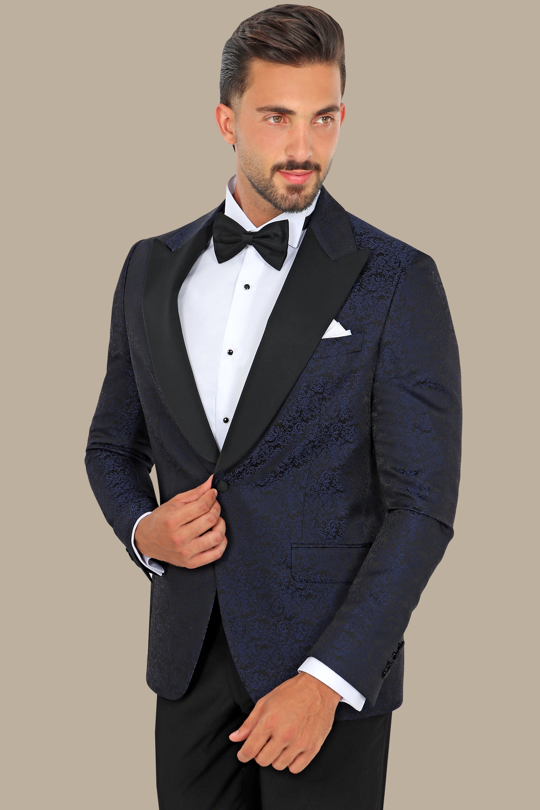 Regal Reverie: Navy Jacquard Flower Print Tuxedo