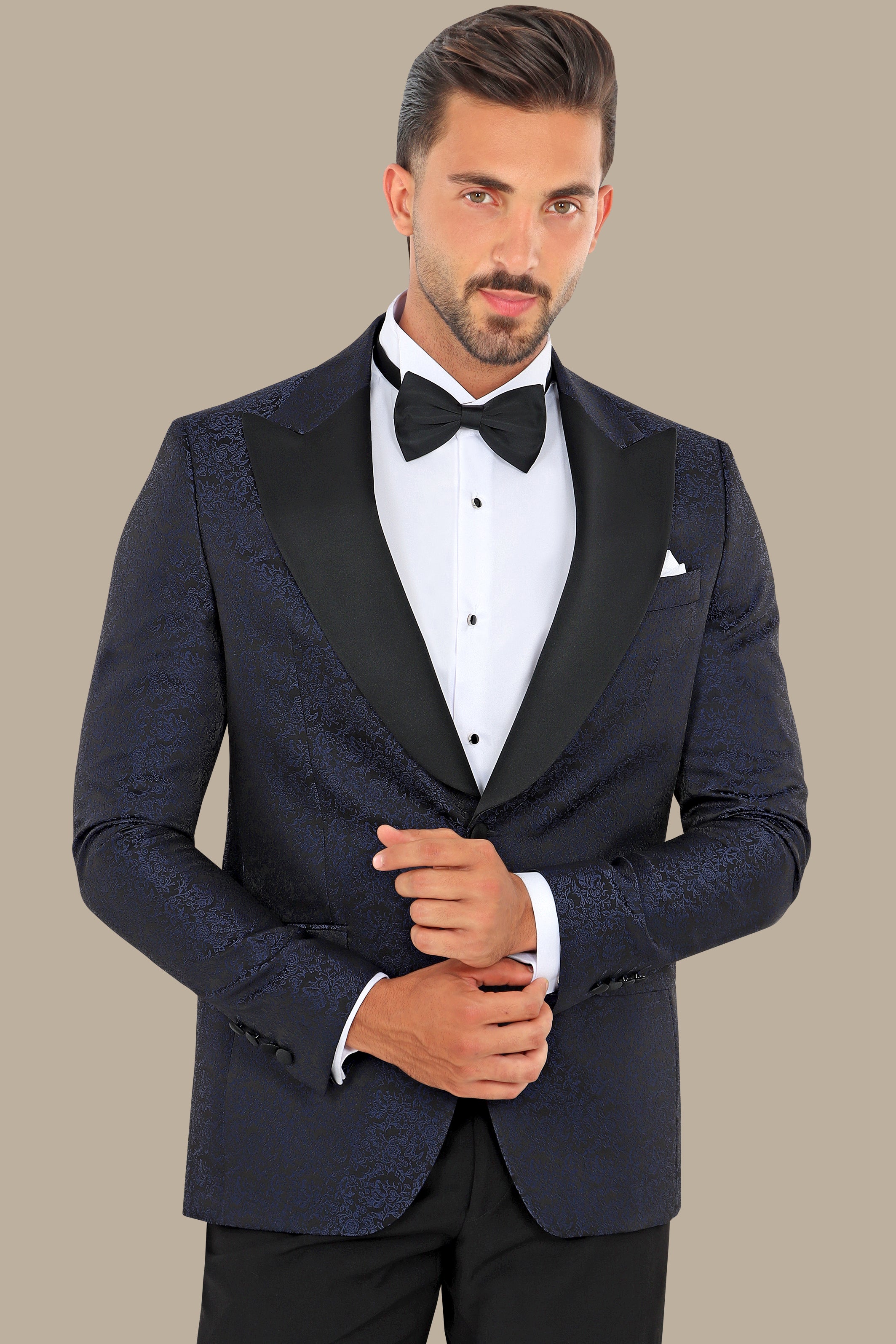 Regal Reverie: Navy Jacquard Flower Print Tuxedo