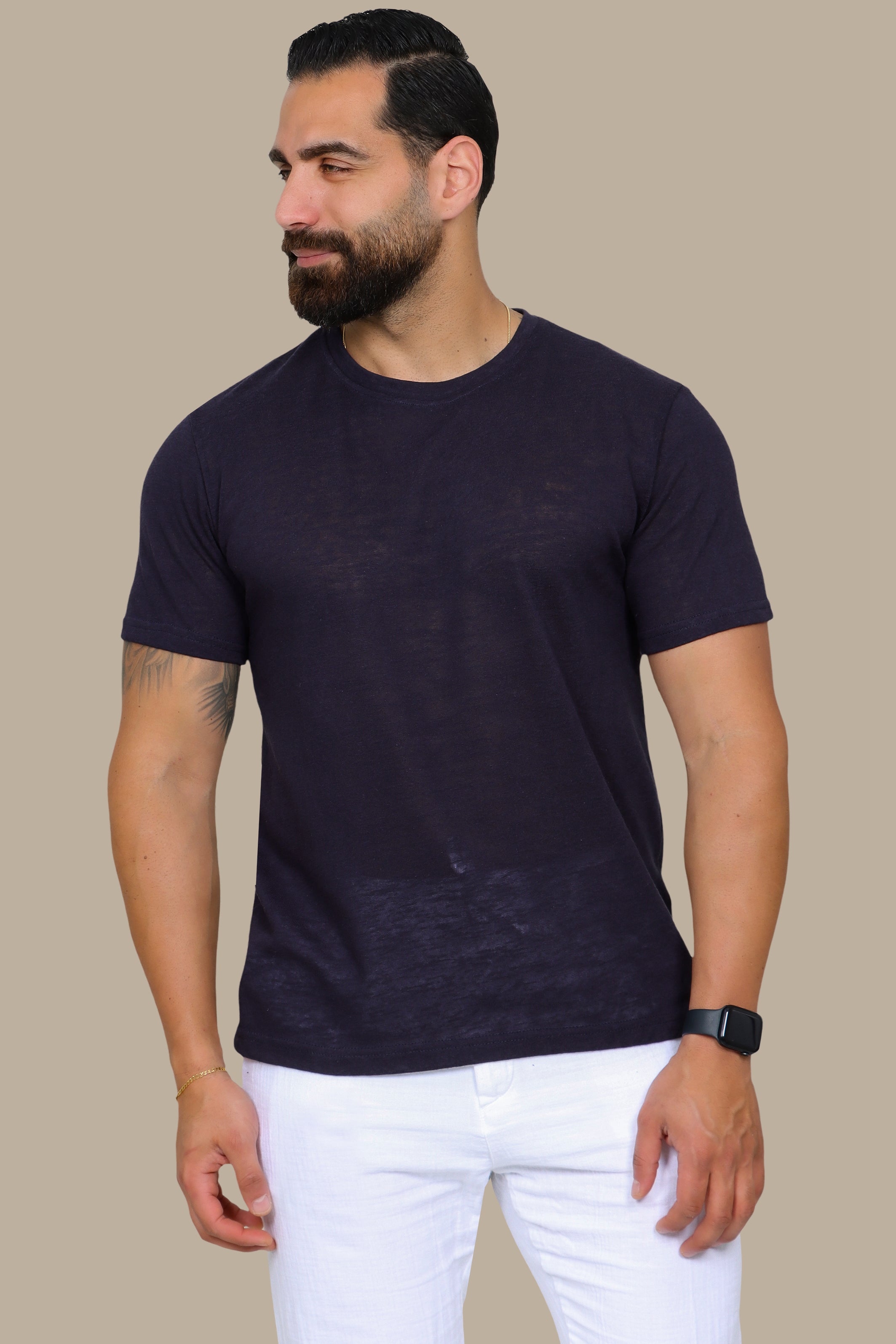 Navy Linen Short Sleeve T-Shirt with Round Neck