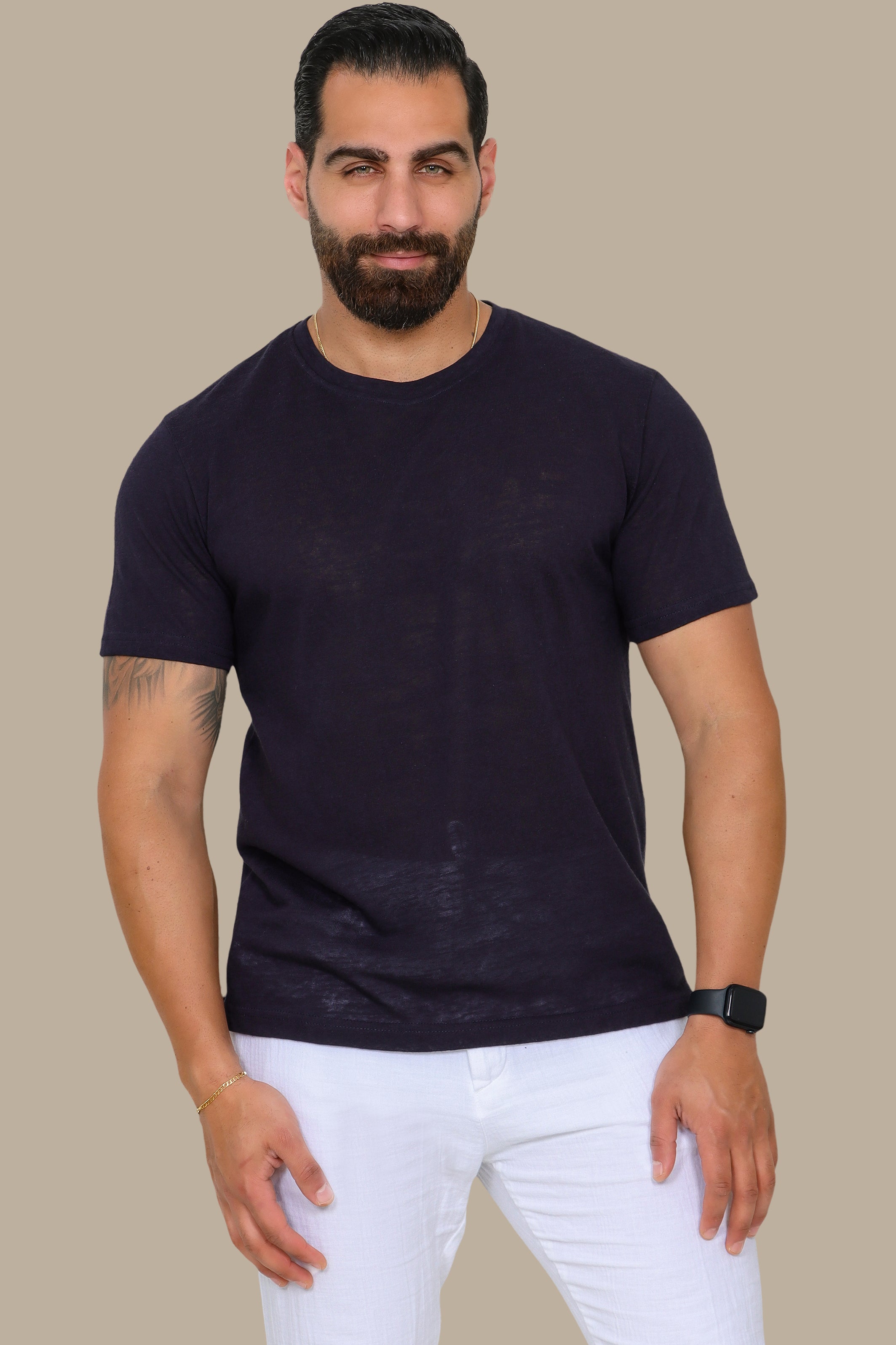 Navy Linen Short Sleeve T-Shirt with Round Neck