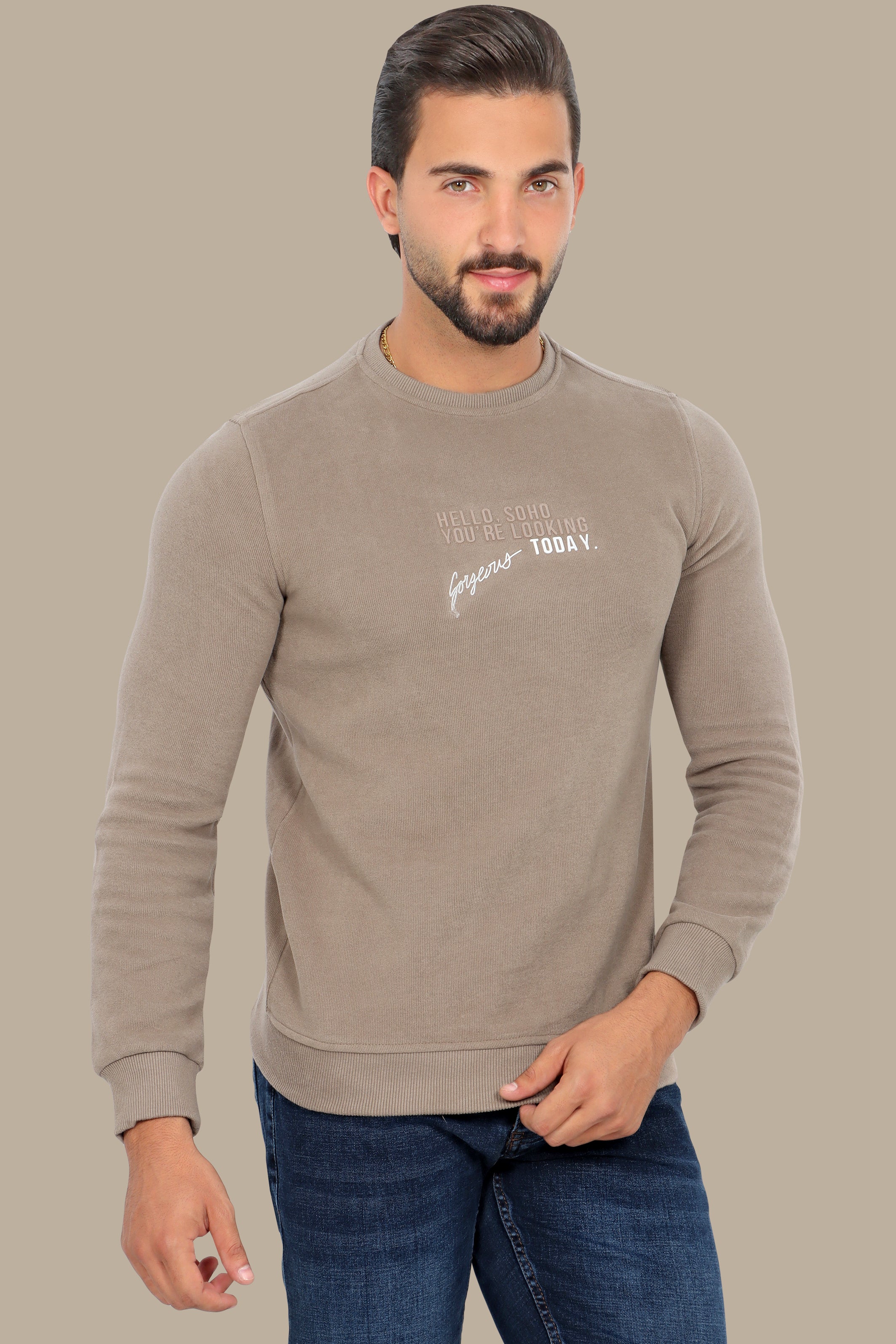 Urban Vibes: Beige Round Neck Sweatshirt with SOHO Print