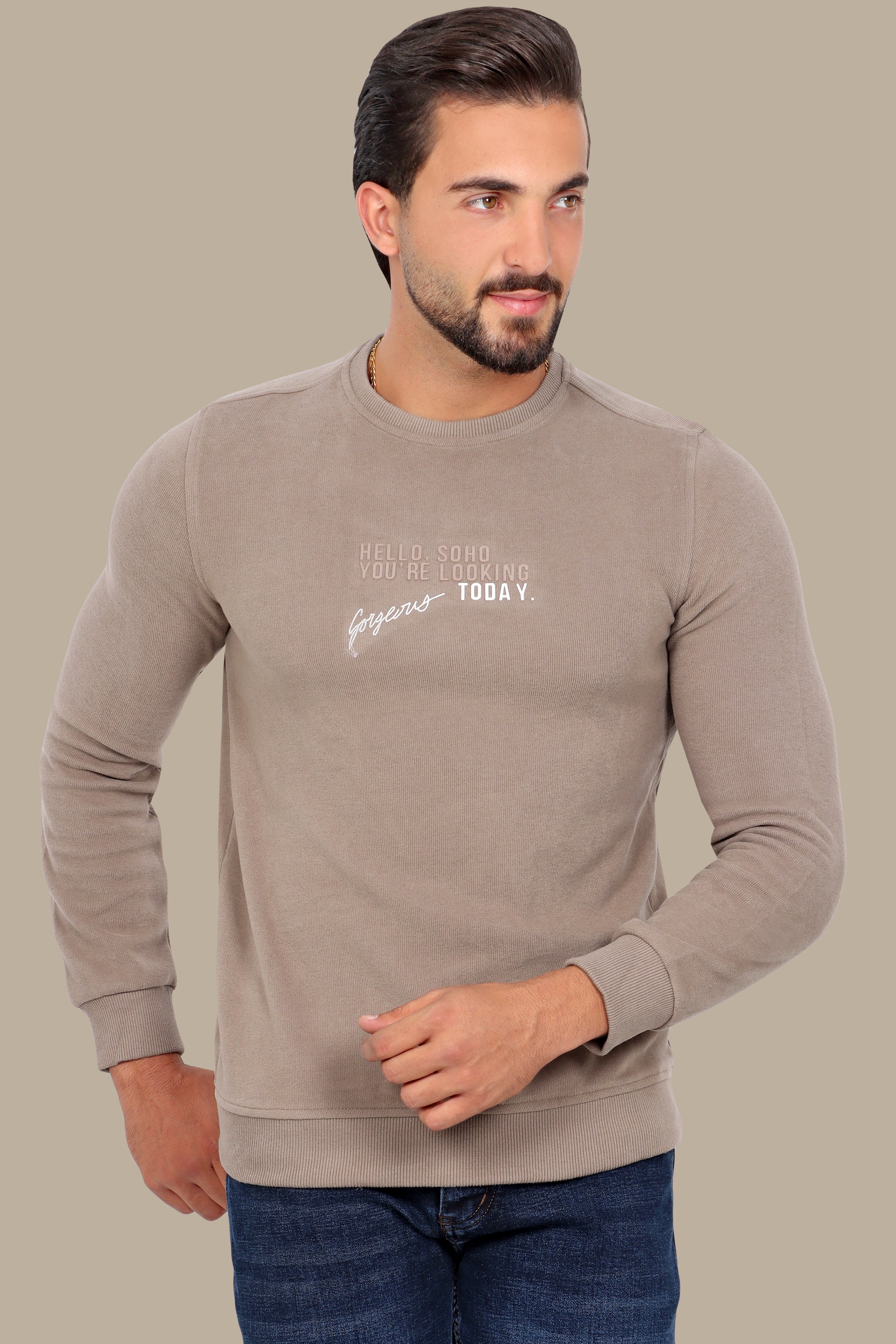 Urban Vibes: Beige Round Neck Sweatshirt with SOHO Print