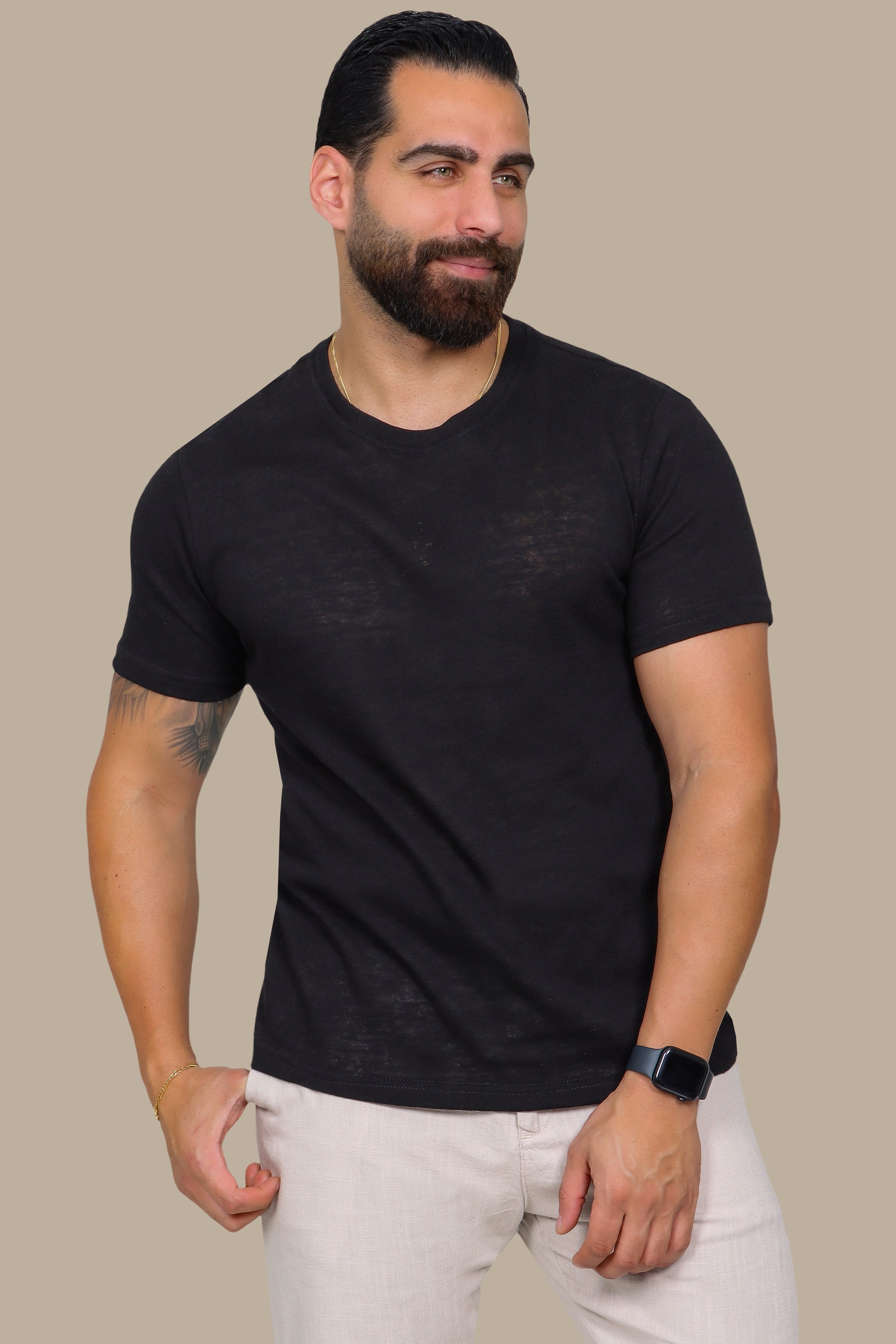 Black Linen Short Sleeve T-Shirt with Round Neck