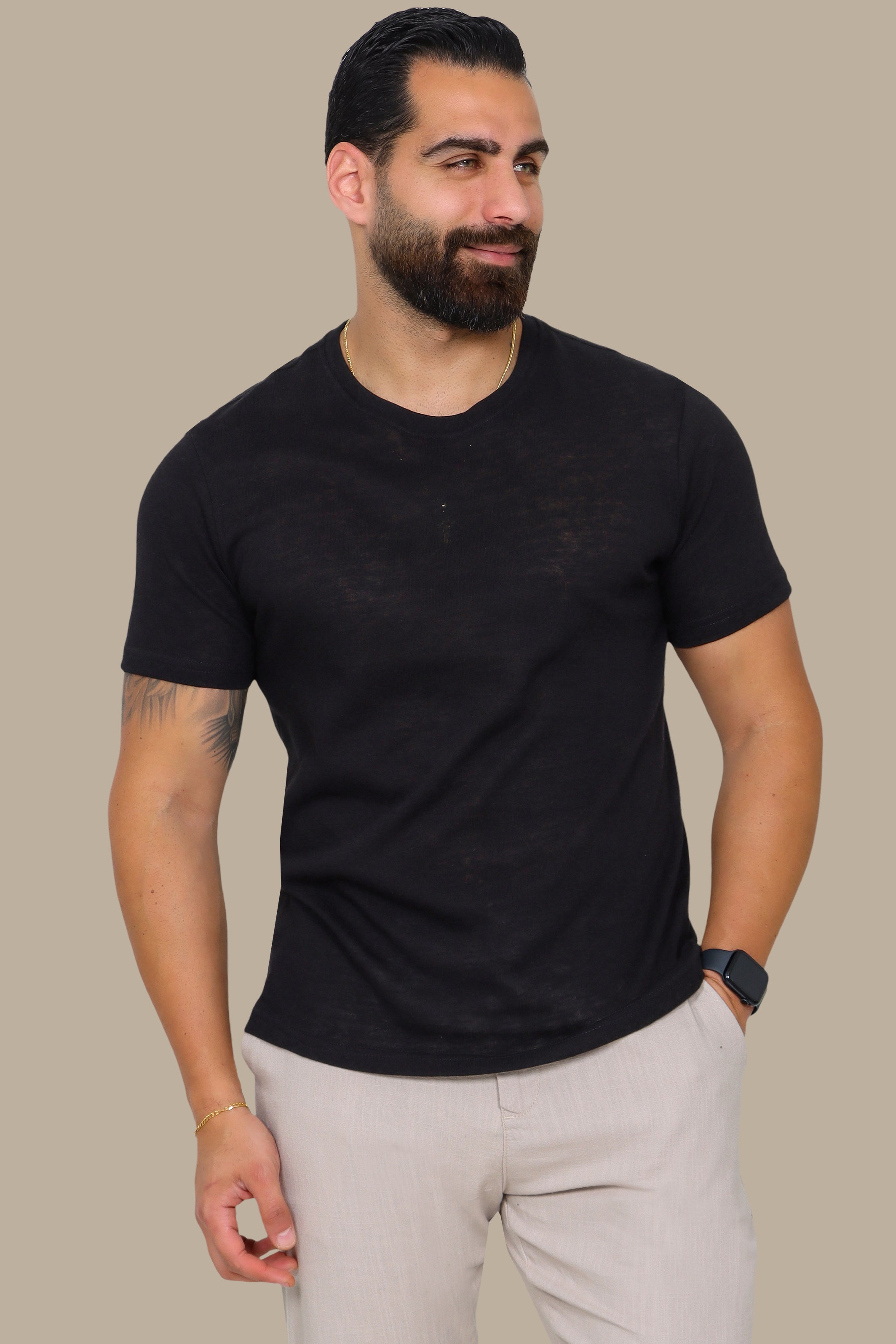 Black Linen Short Sleeve T-Shirt with Round Neck