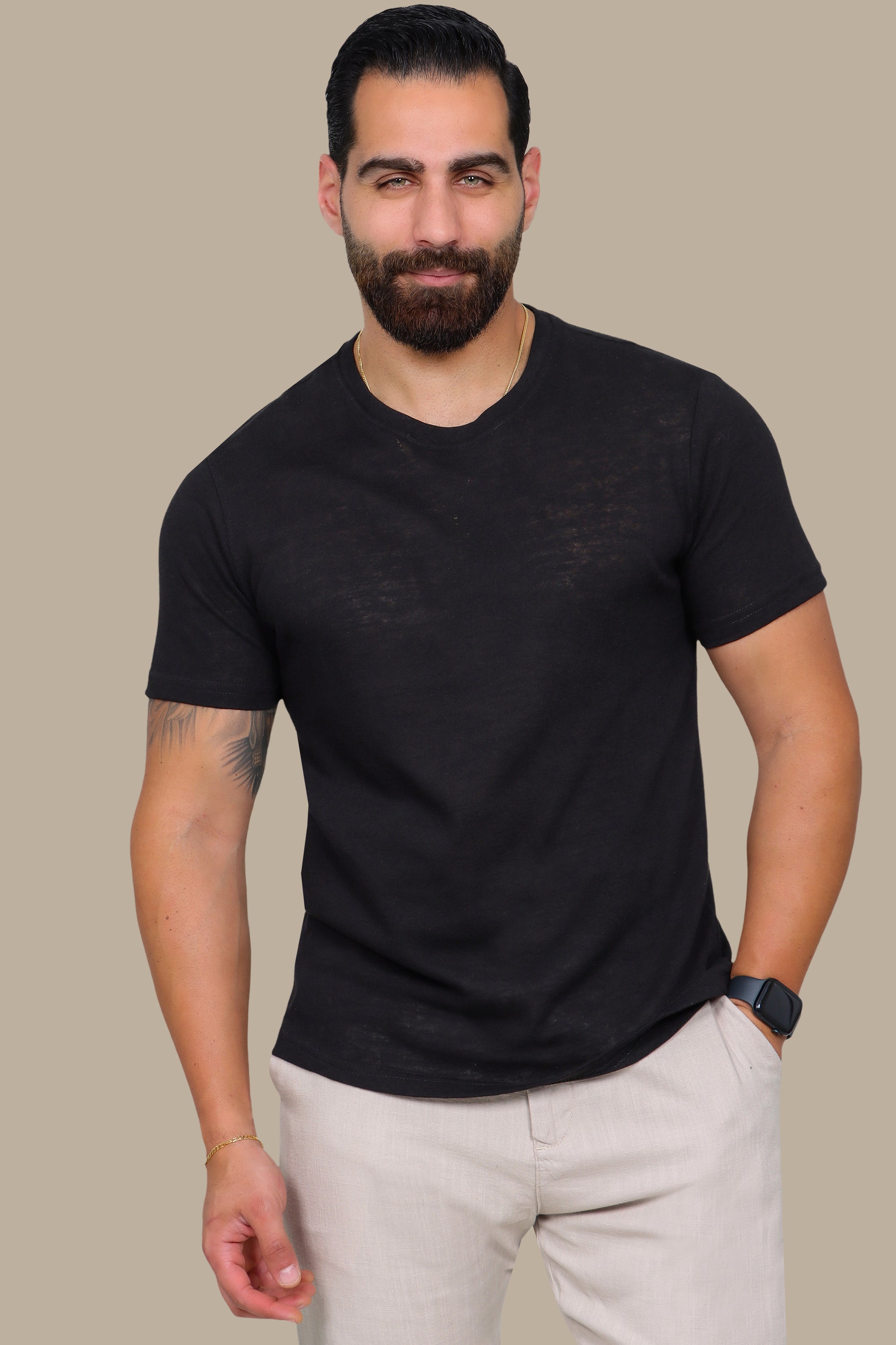 Black Linen Short Sleeve T-Shirt with Round Neck