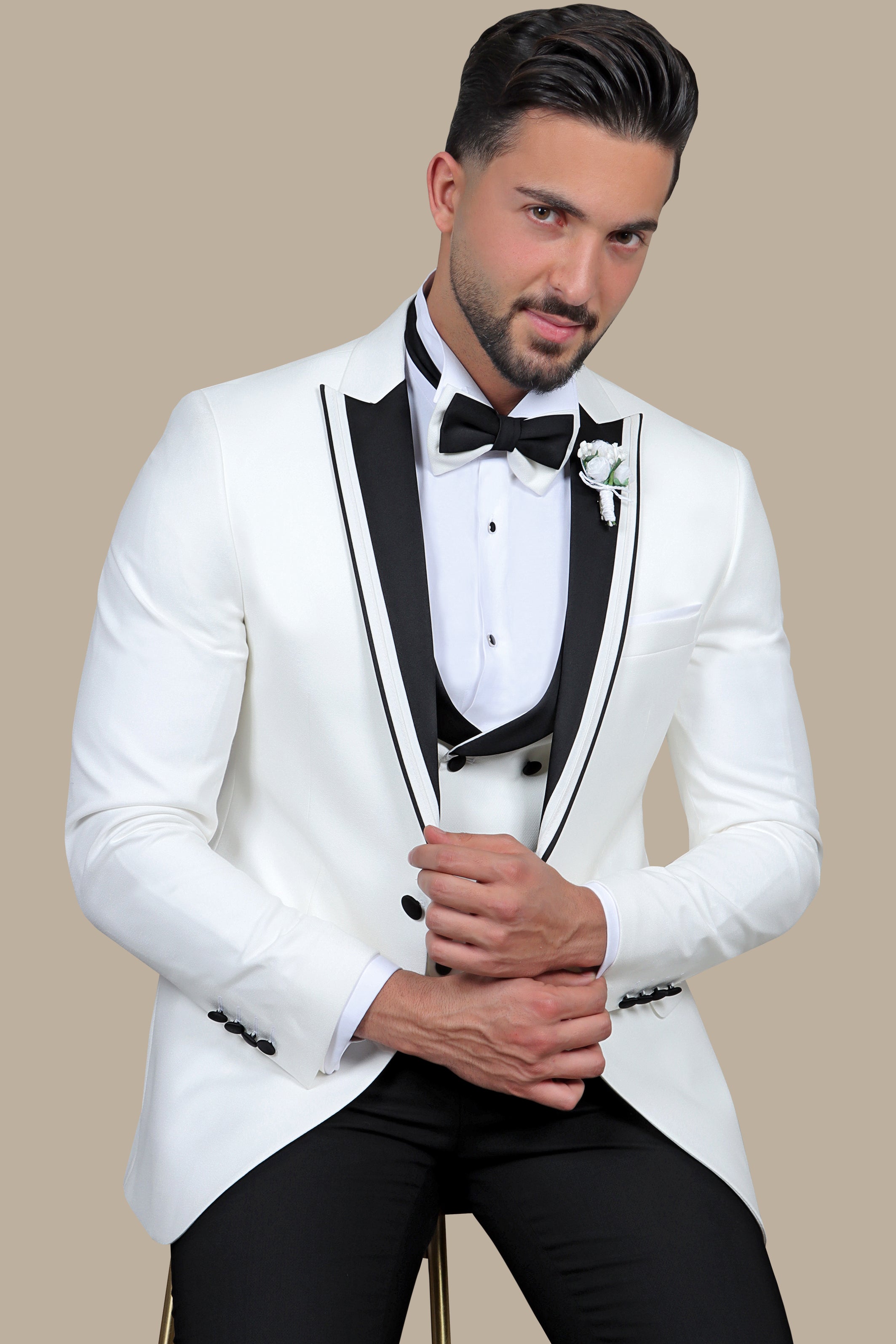 Sleek White Peak 3-Piece Tuxedo Suit featuring White Brim Detailing