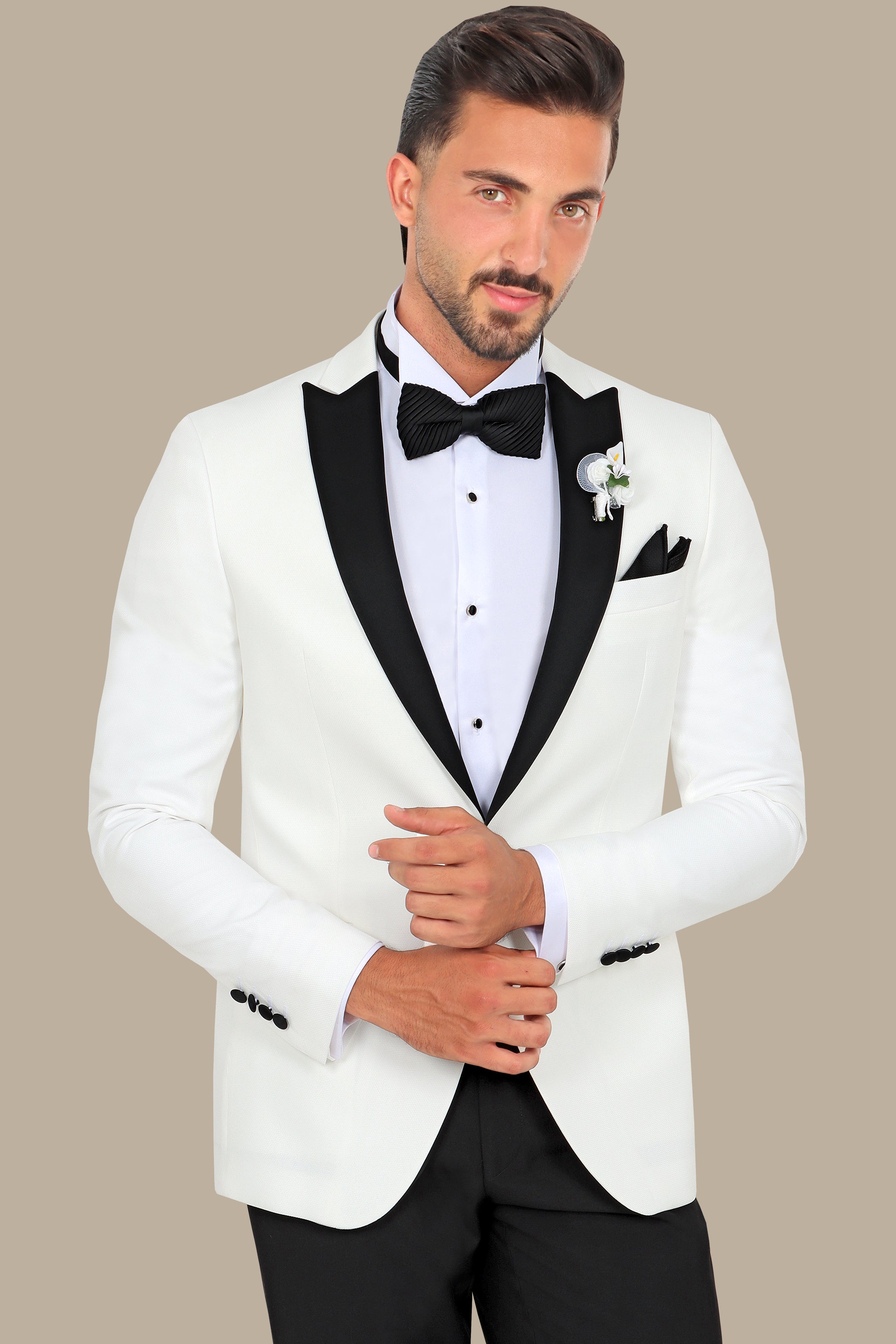 Black Peak Pique Tuxedo with White Jacket and Pants