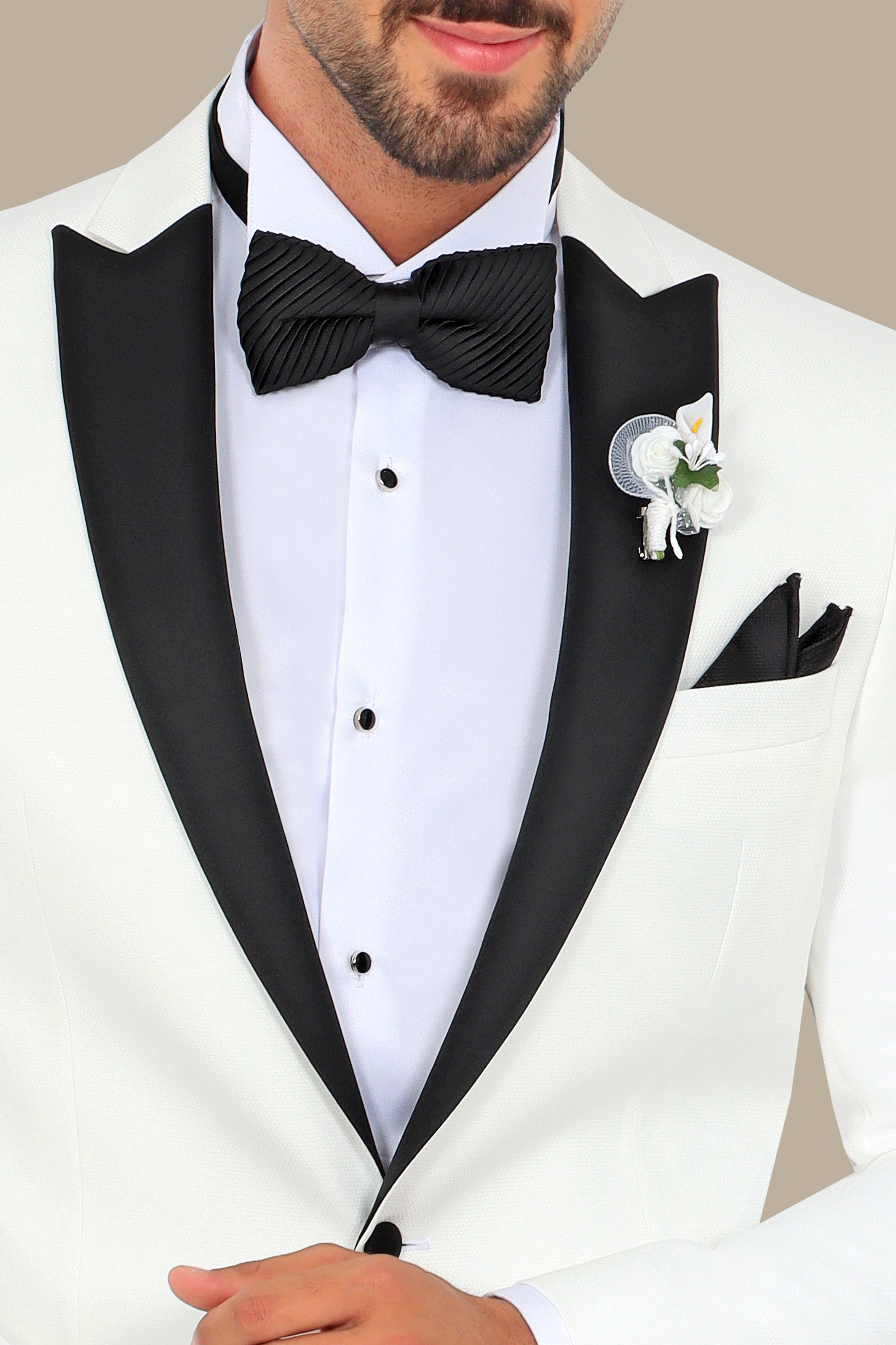 Black Peak Pique Tuxedo with White Jacket and Pants