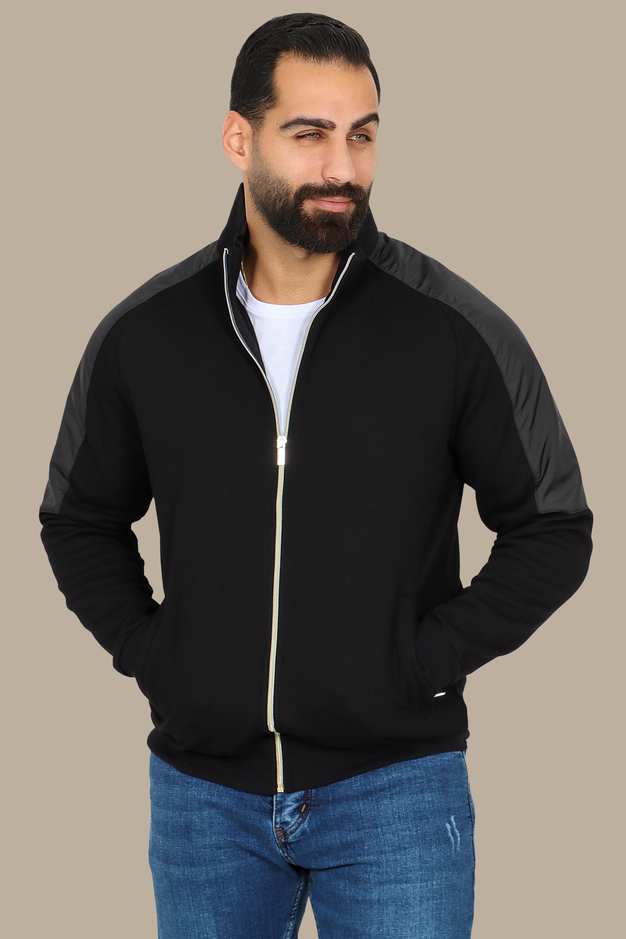 Black Full-Zip Cardigan with Mixed Shoulder Fabric