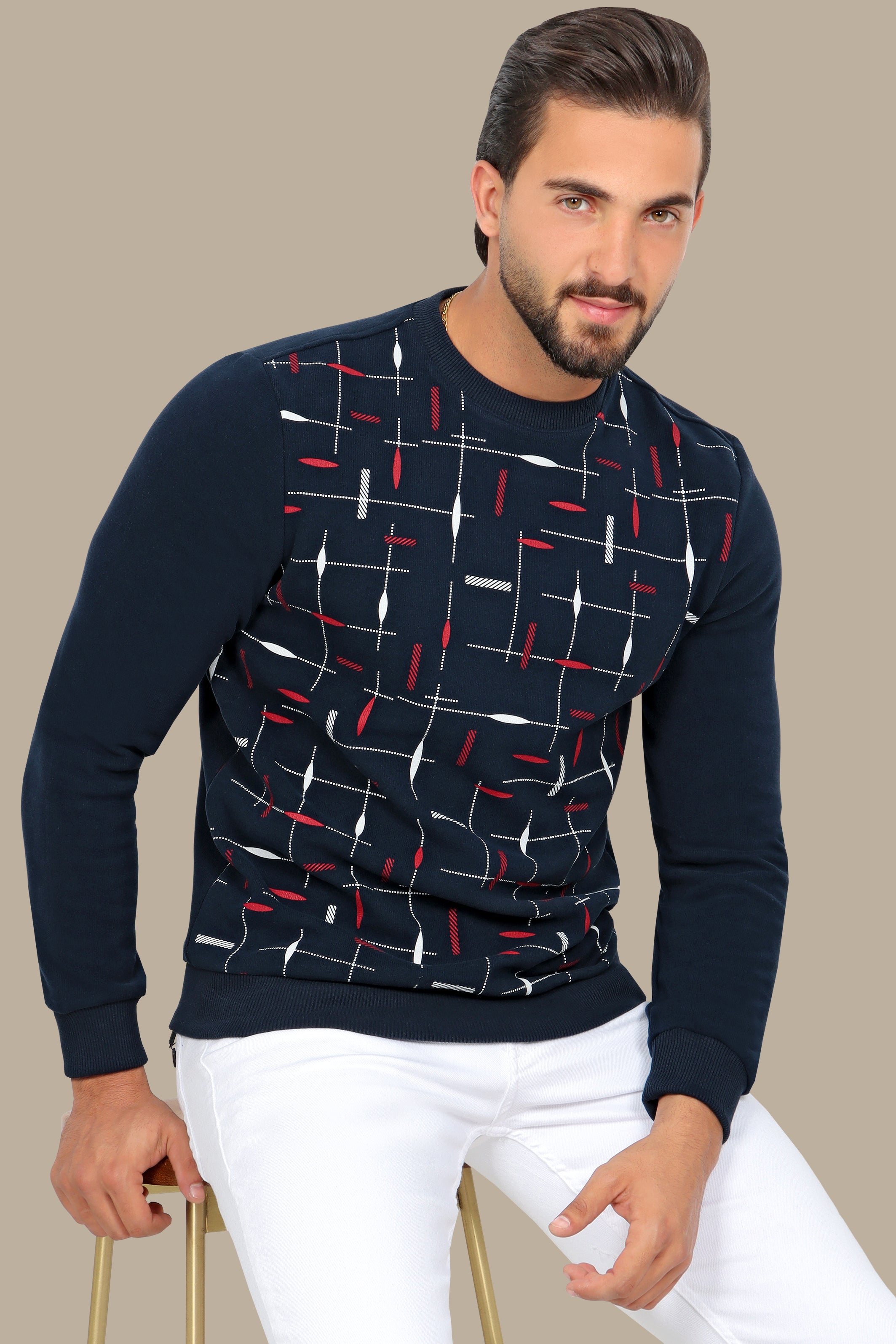 Trendy Appeal: Navy Sweatshirt with Colorful Printed Lines