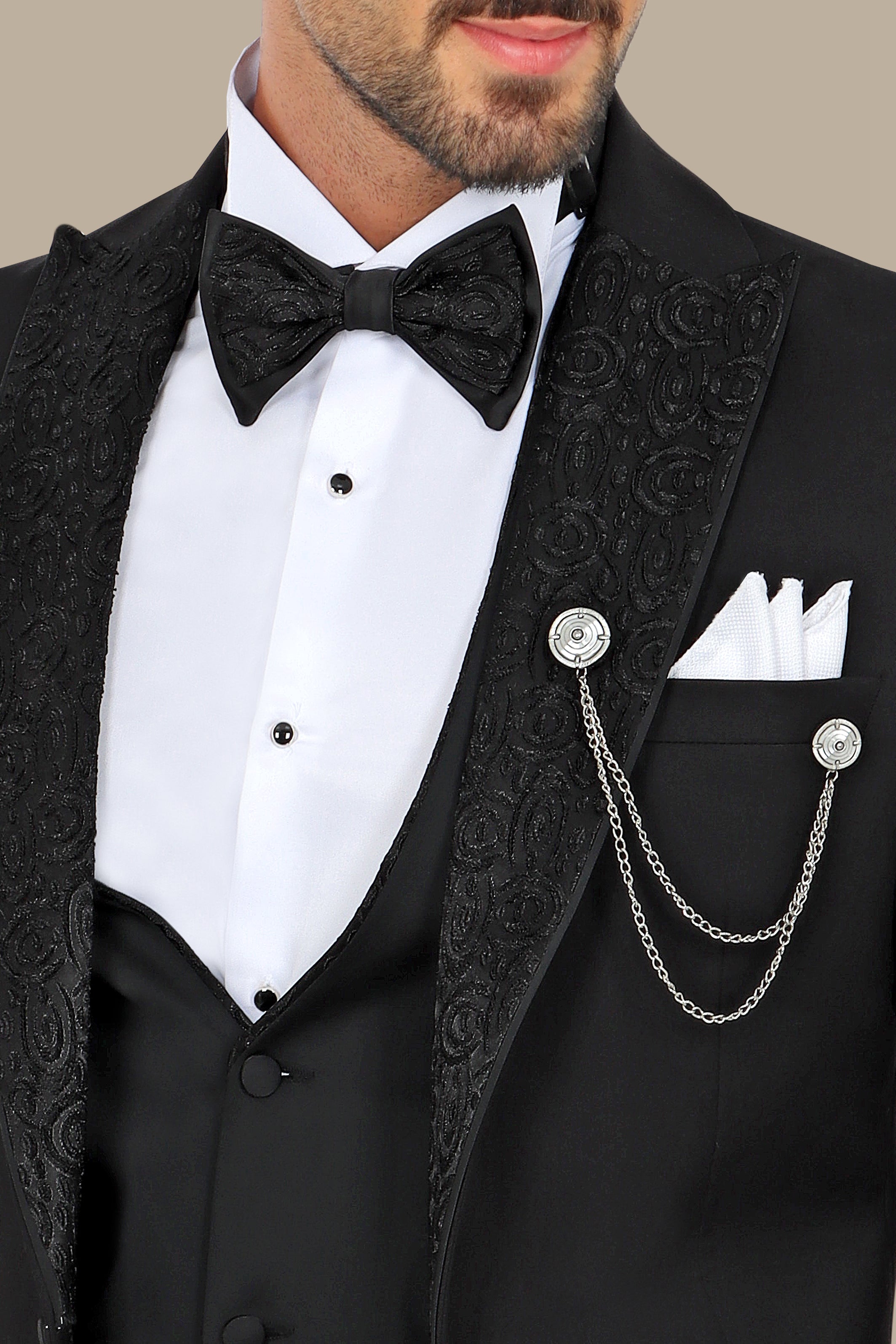 Imperial Noir Elegance: The Black Tuxedo Jacquard Collar 4-Piece Set