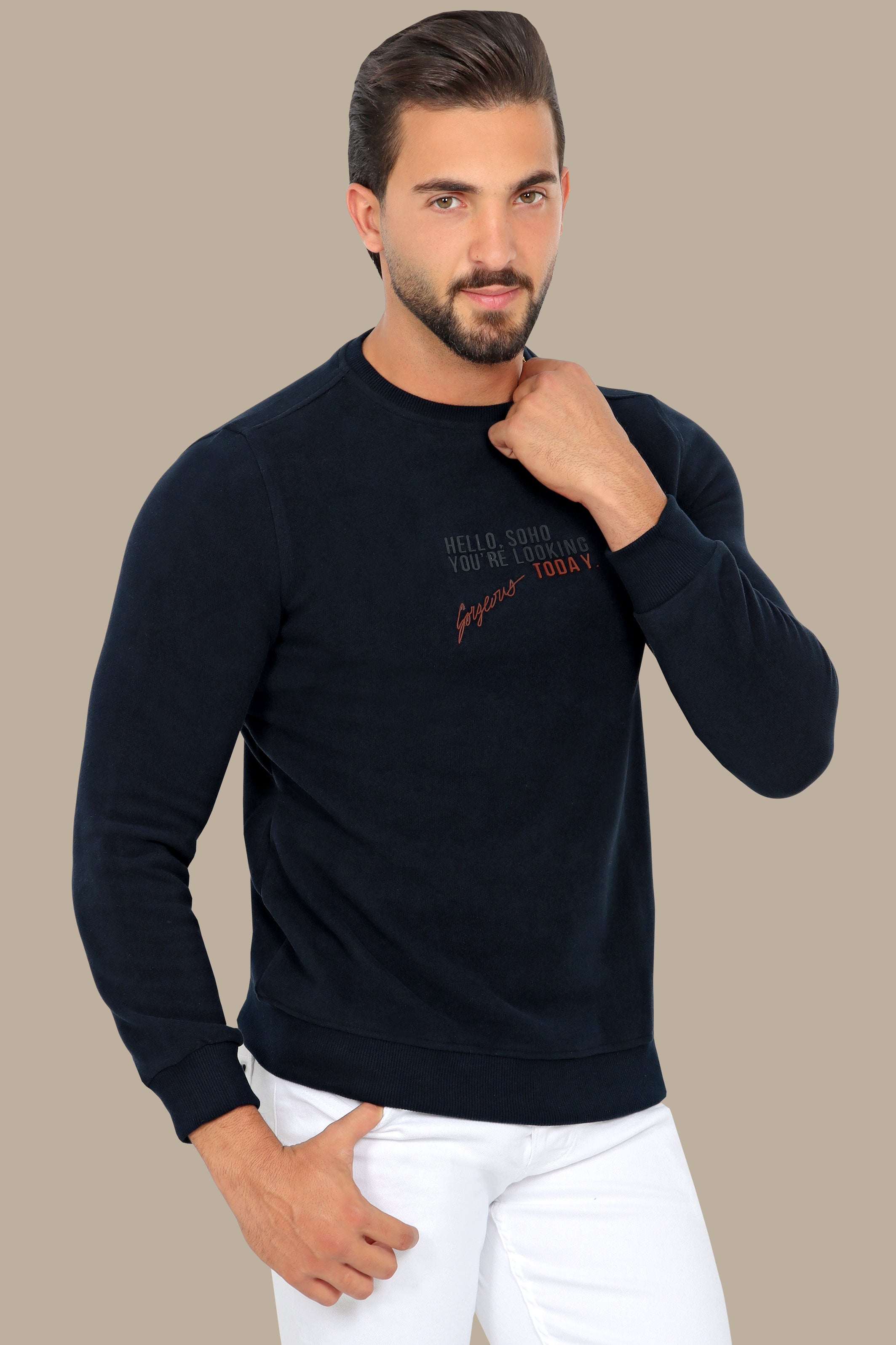 Urban Vibes: Navy Round Neck Sweatshirt with SOHO Print