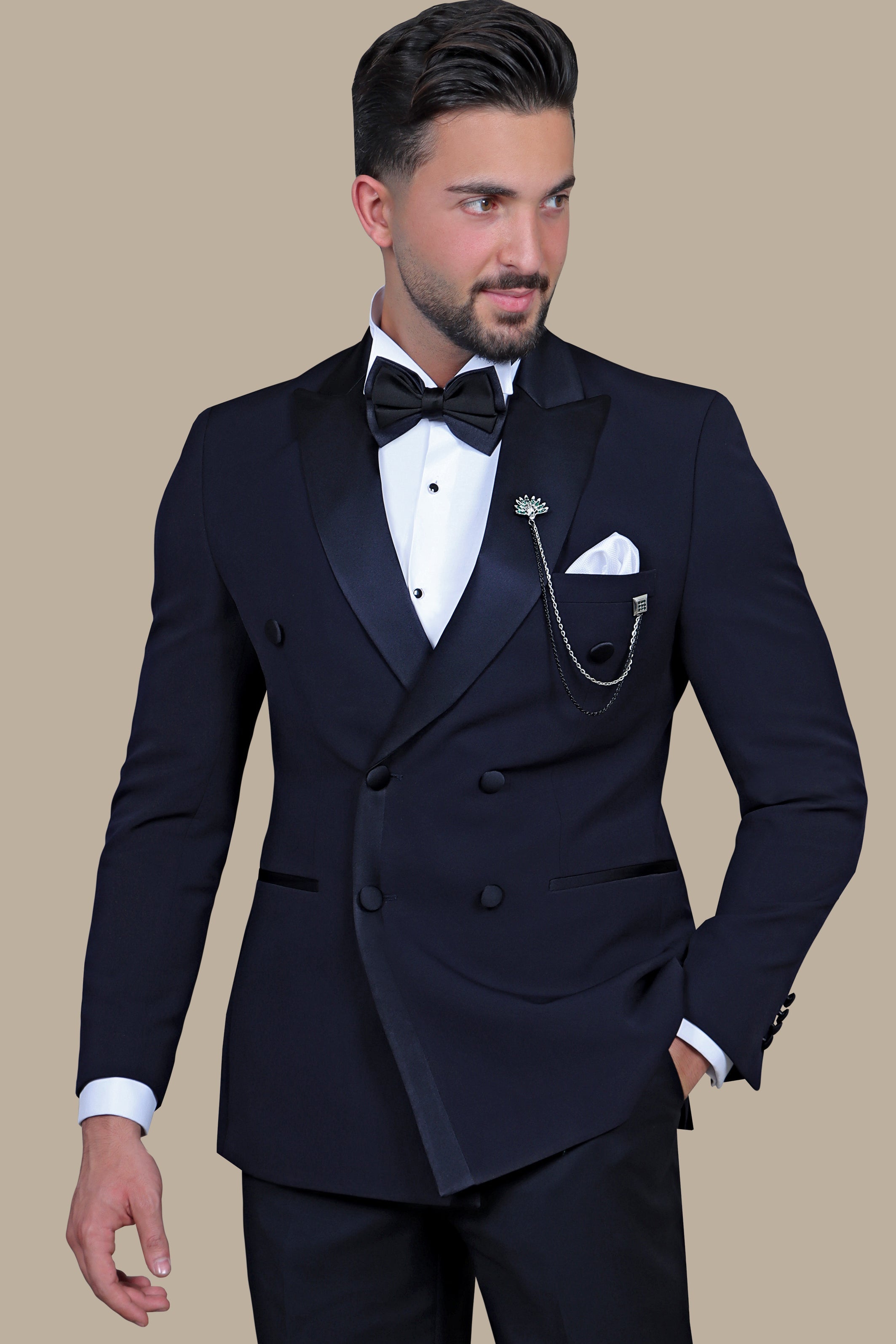 Navy Satin Double-Breasted Tuxedo